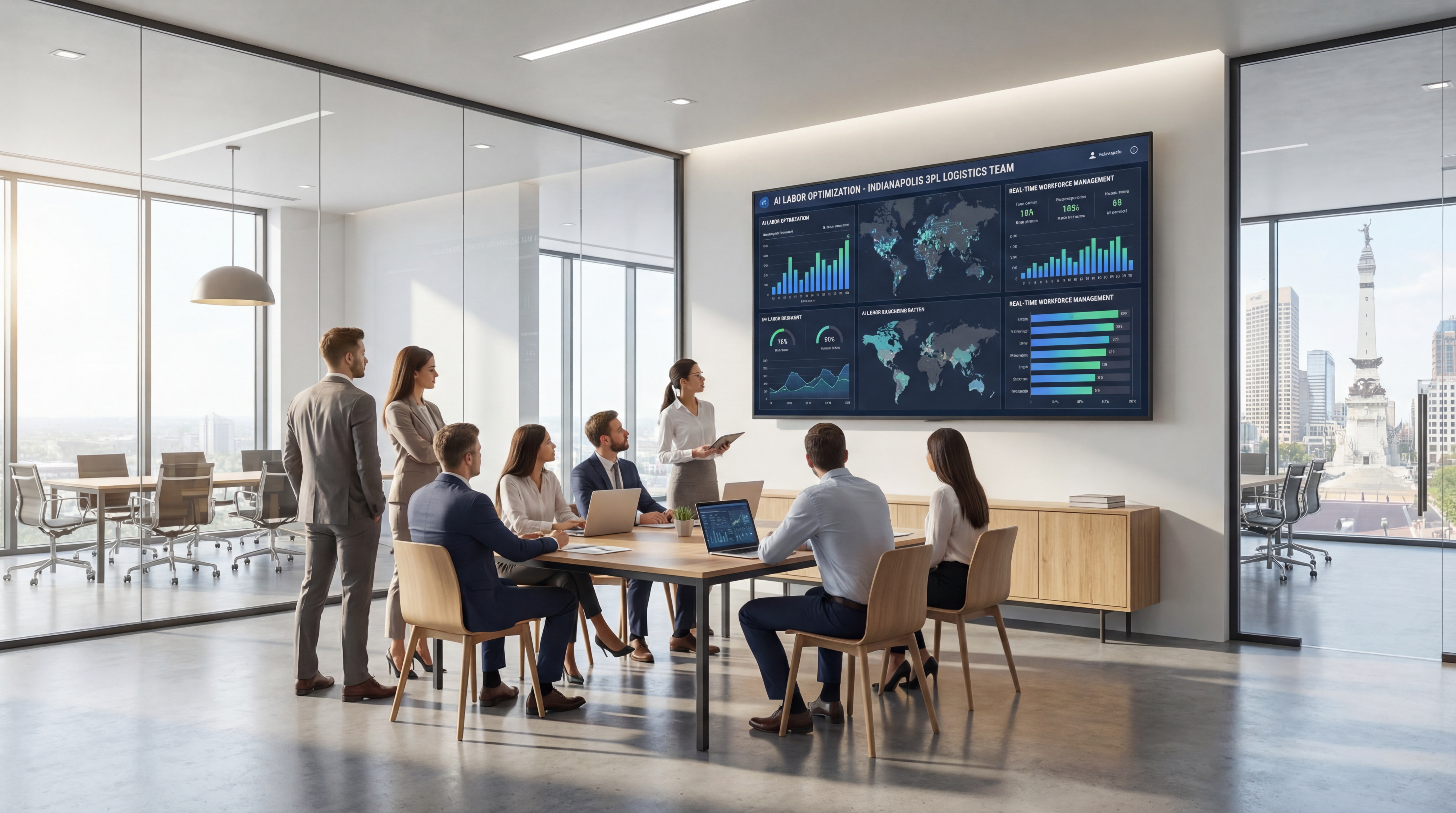 3PL operations team reviewing 3PL labor management dashboards in Indianapolis