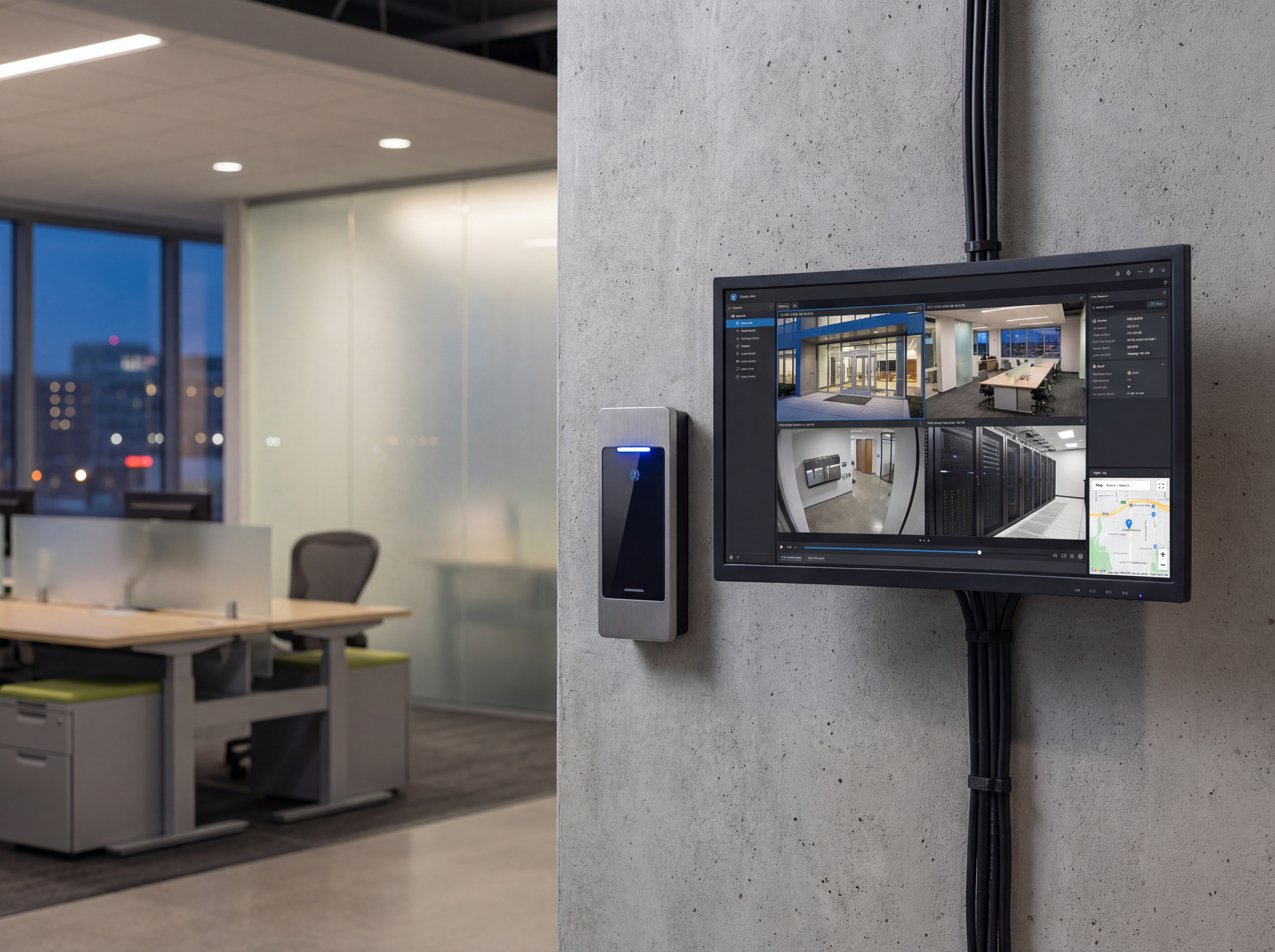 Door access reader next to a camera feed on a monitor