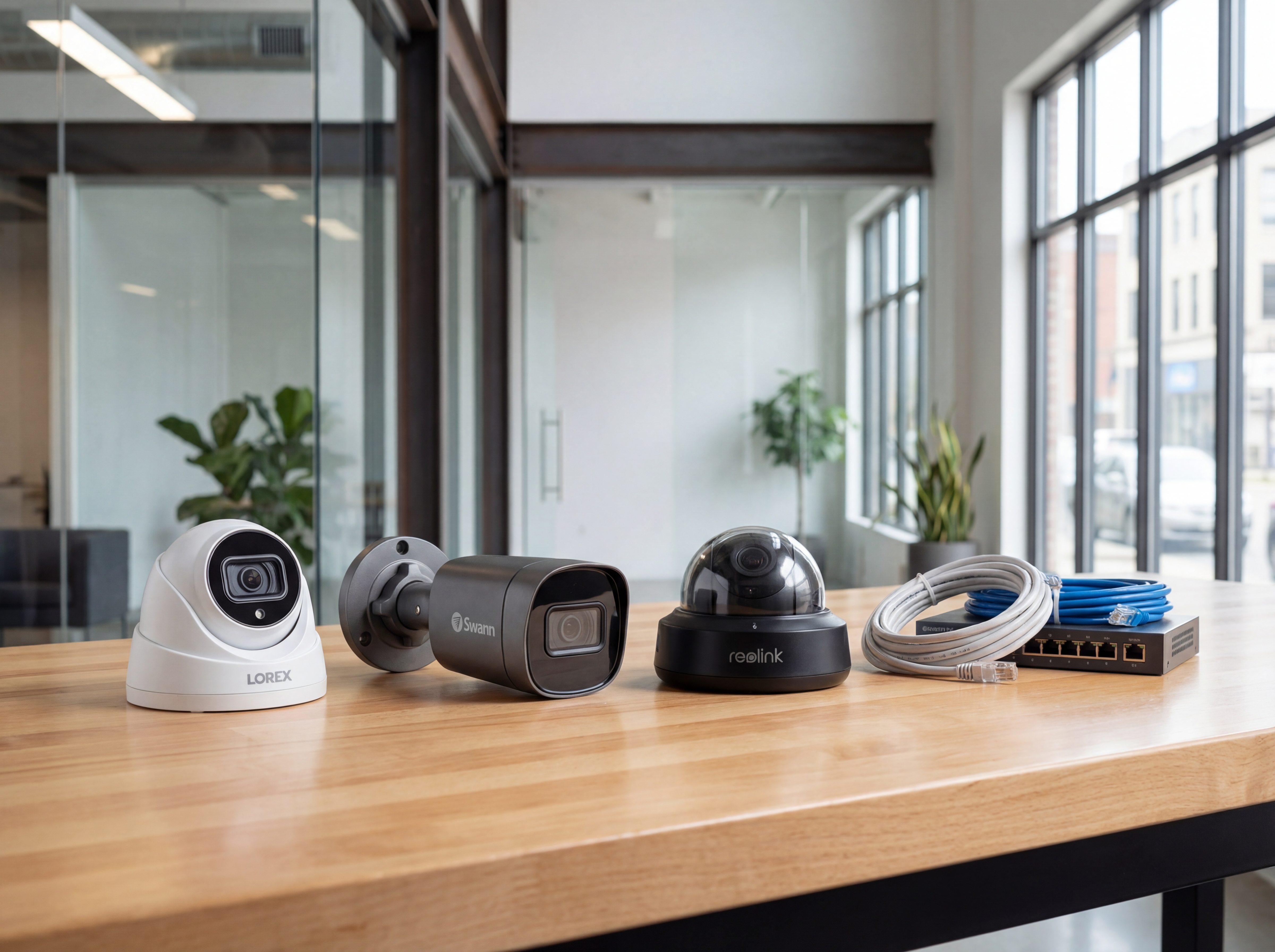 Lineup of Lorex, Swann, and Reolink cameras on a workbench