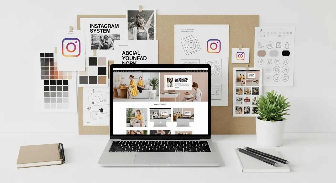 Mood board workspace with brand color swatches, typography sheets, and coordinated social media mockups on a laptop
