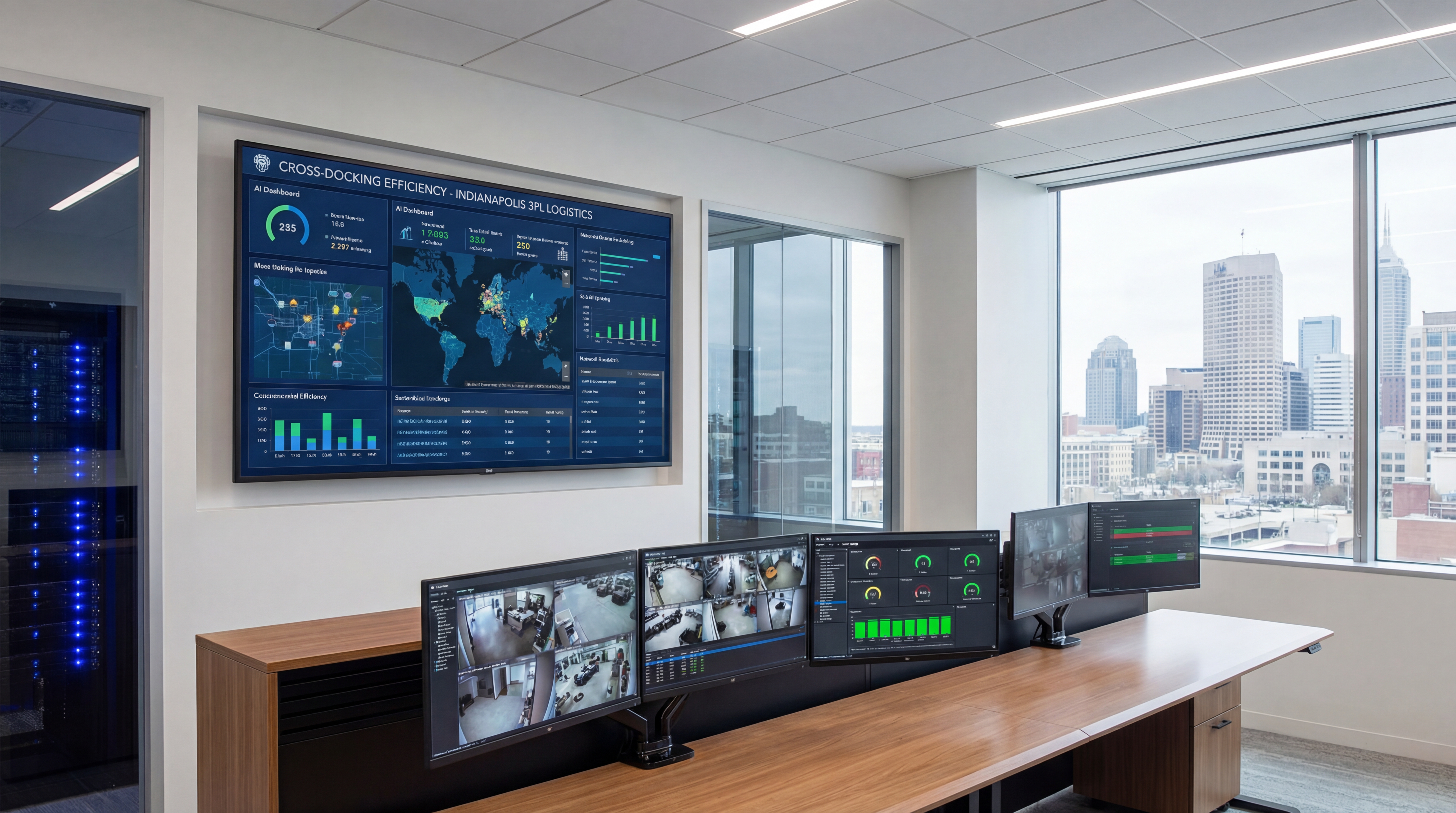3PL operations team reviewing cross-docking efficiency dashboards in Indianapolis