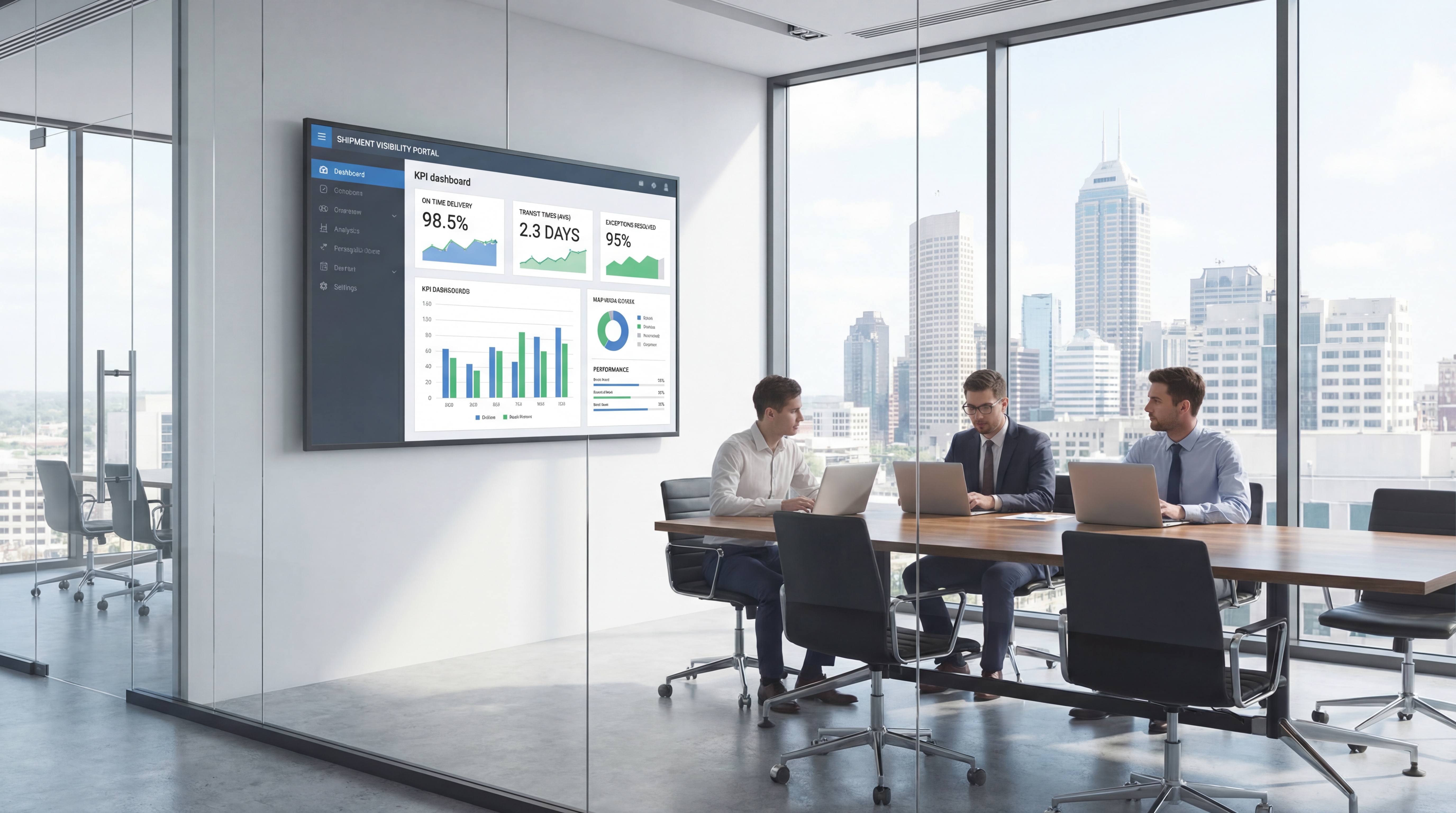 Dashboard showing shipment visibility portal KPIs and exceptions