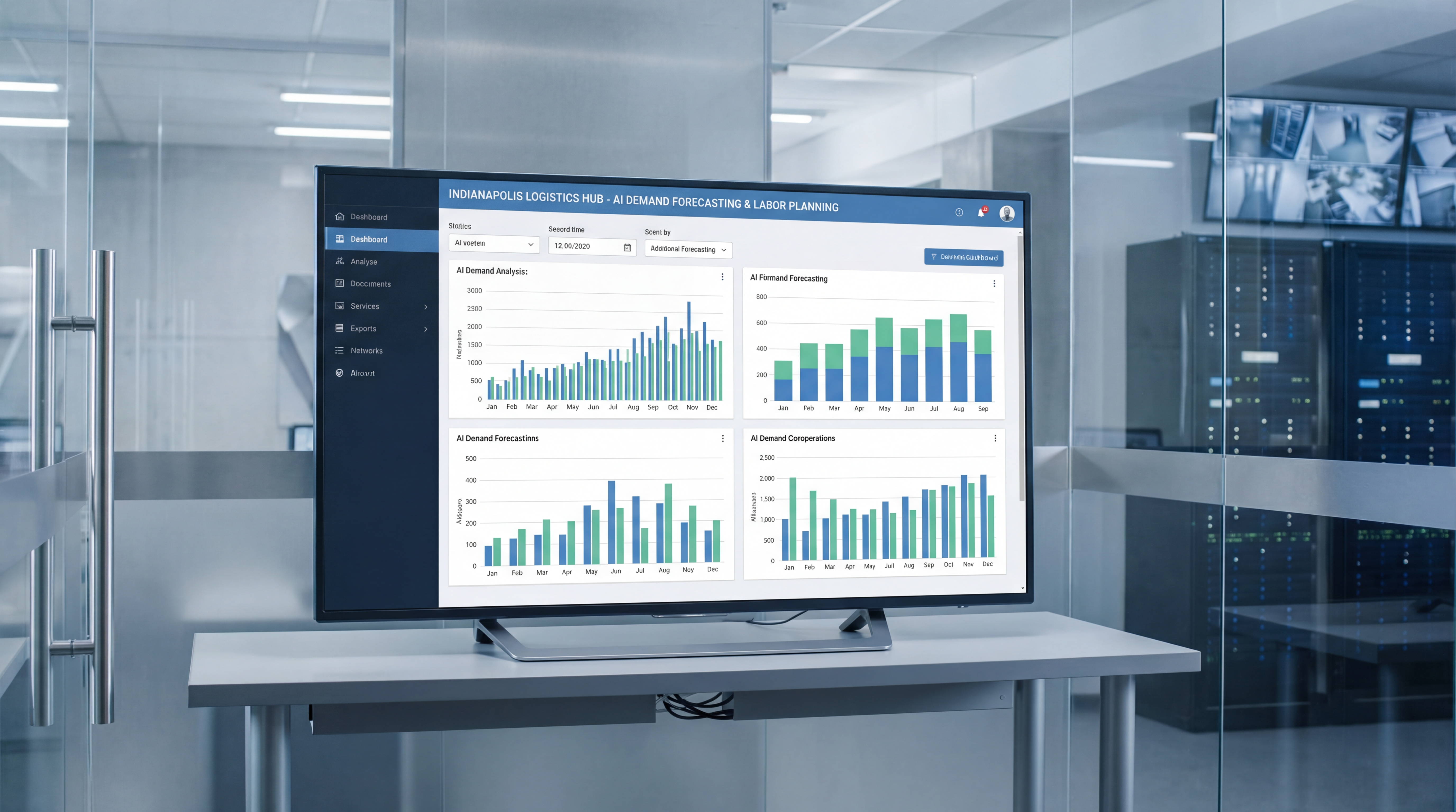 3PL operations team reviewing demand forecasting labor planning dashboards in Indianapolis