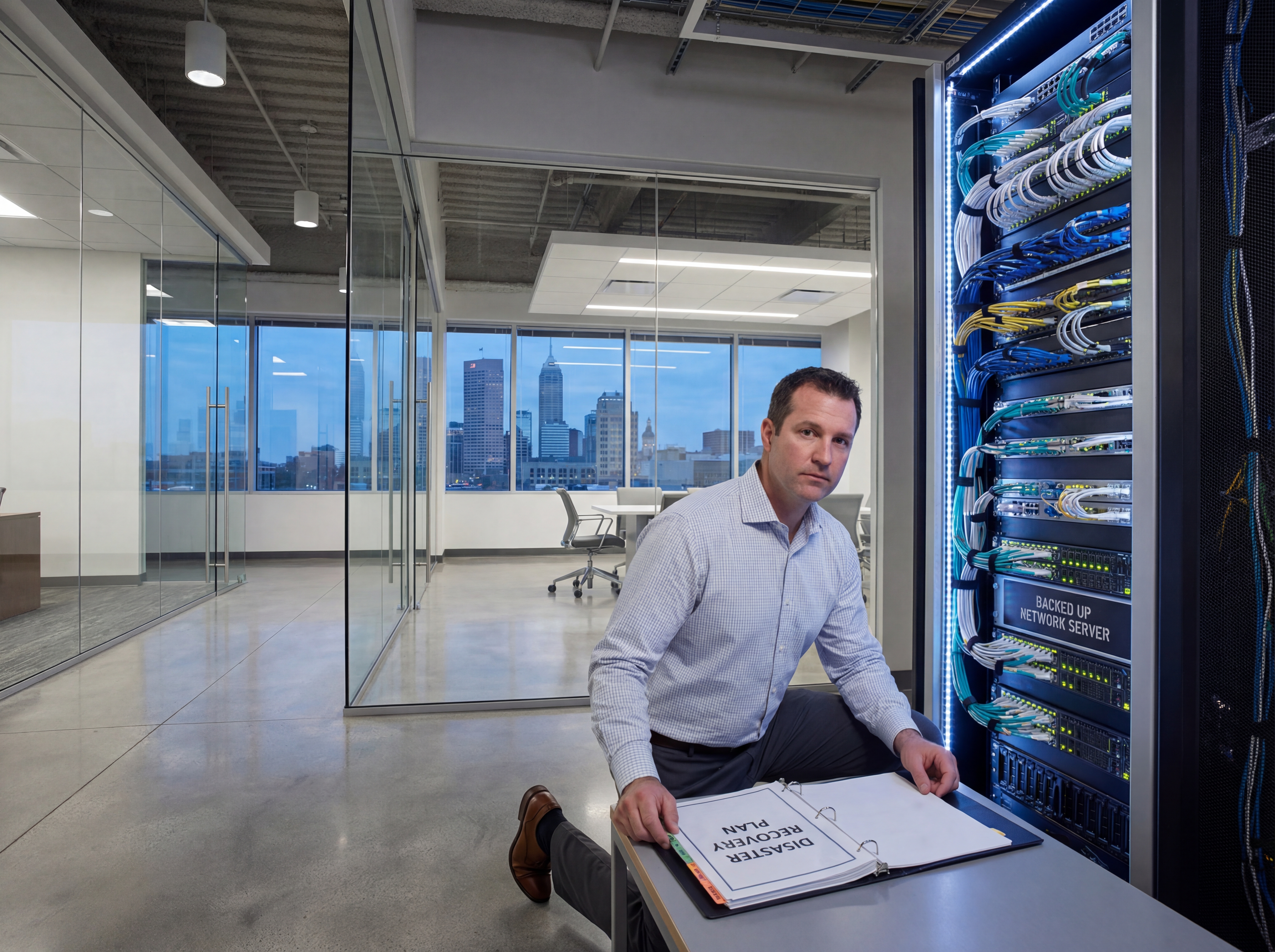 Owner reviewing a disaster recovery binder next to a network server