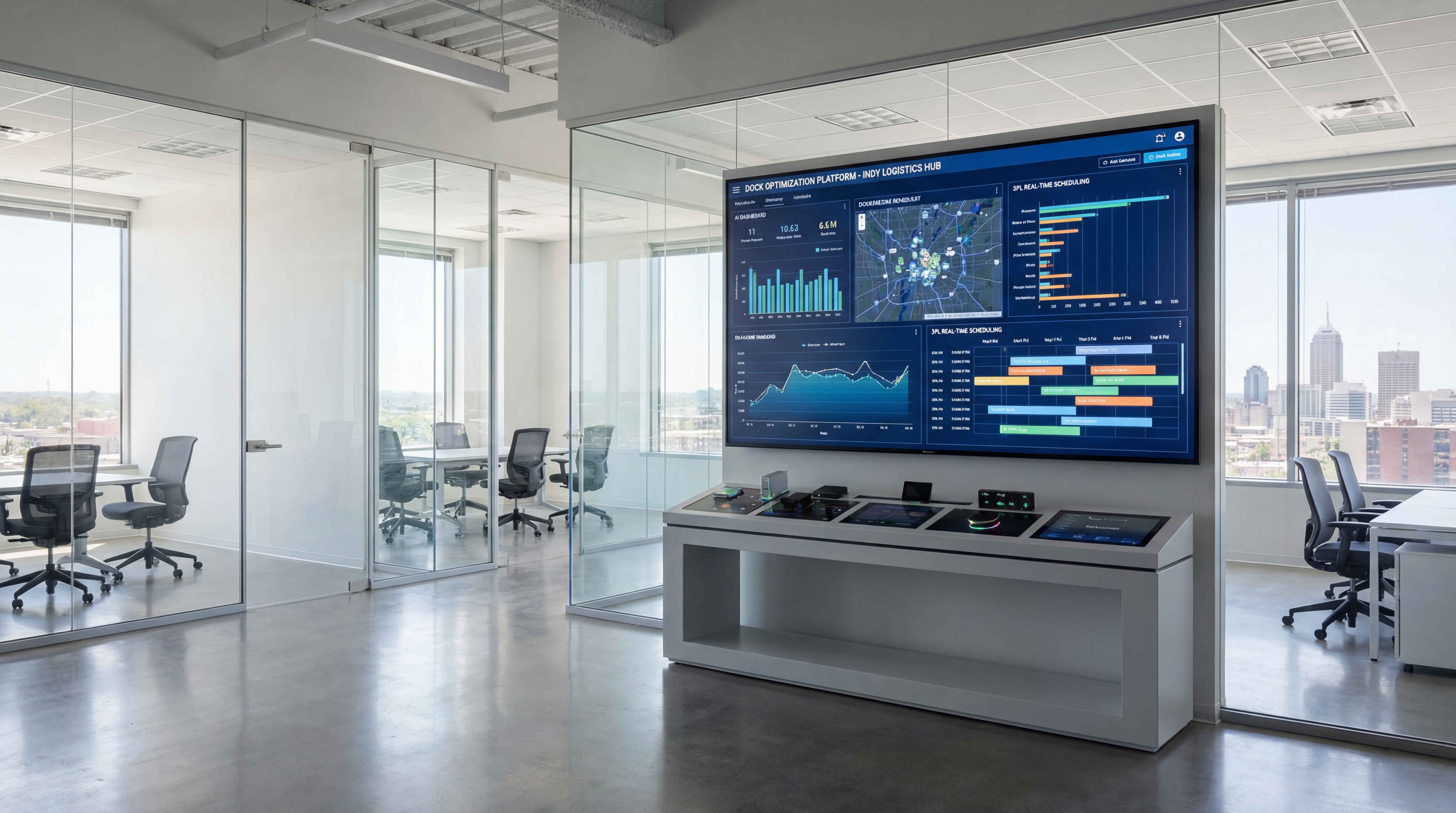 3PL operations team reviewing dock scheduling optimization dashboards in Indianapolis