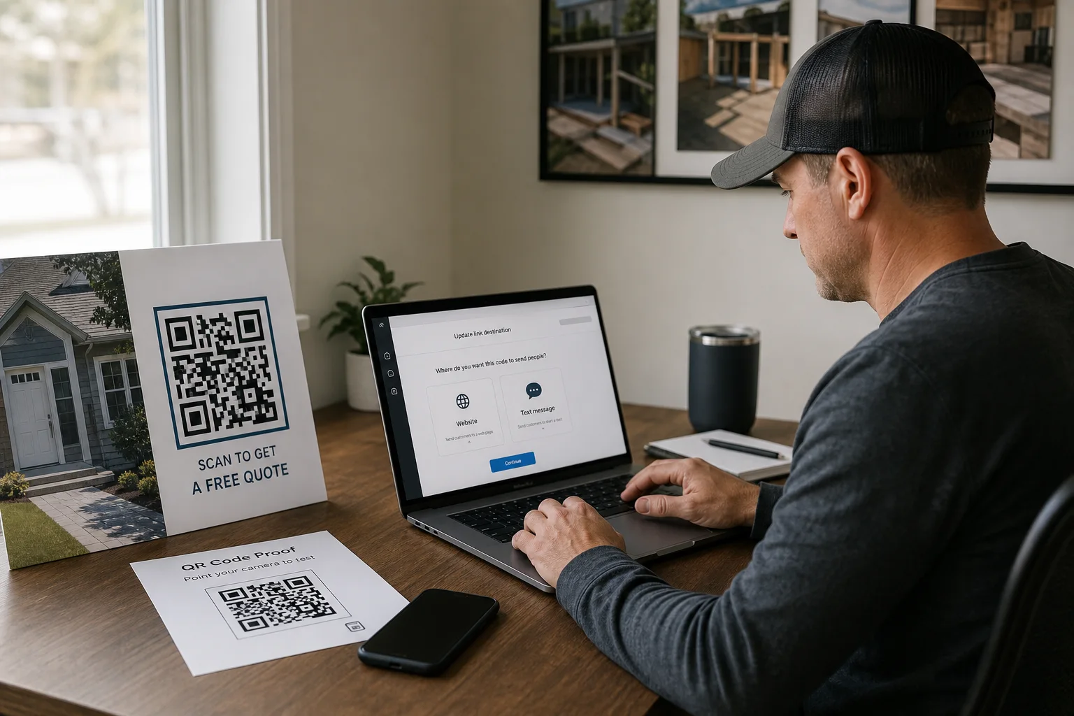 Business owner changing a reusable QR link from a website action to a text action