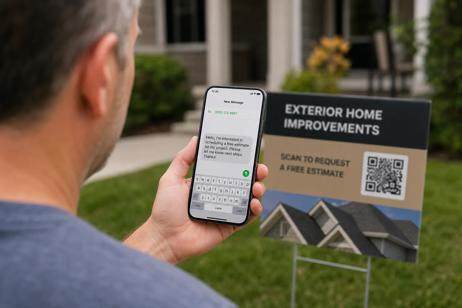 Phone showing a prefilled painting estimate text after scanning a QR yard sign