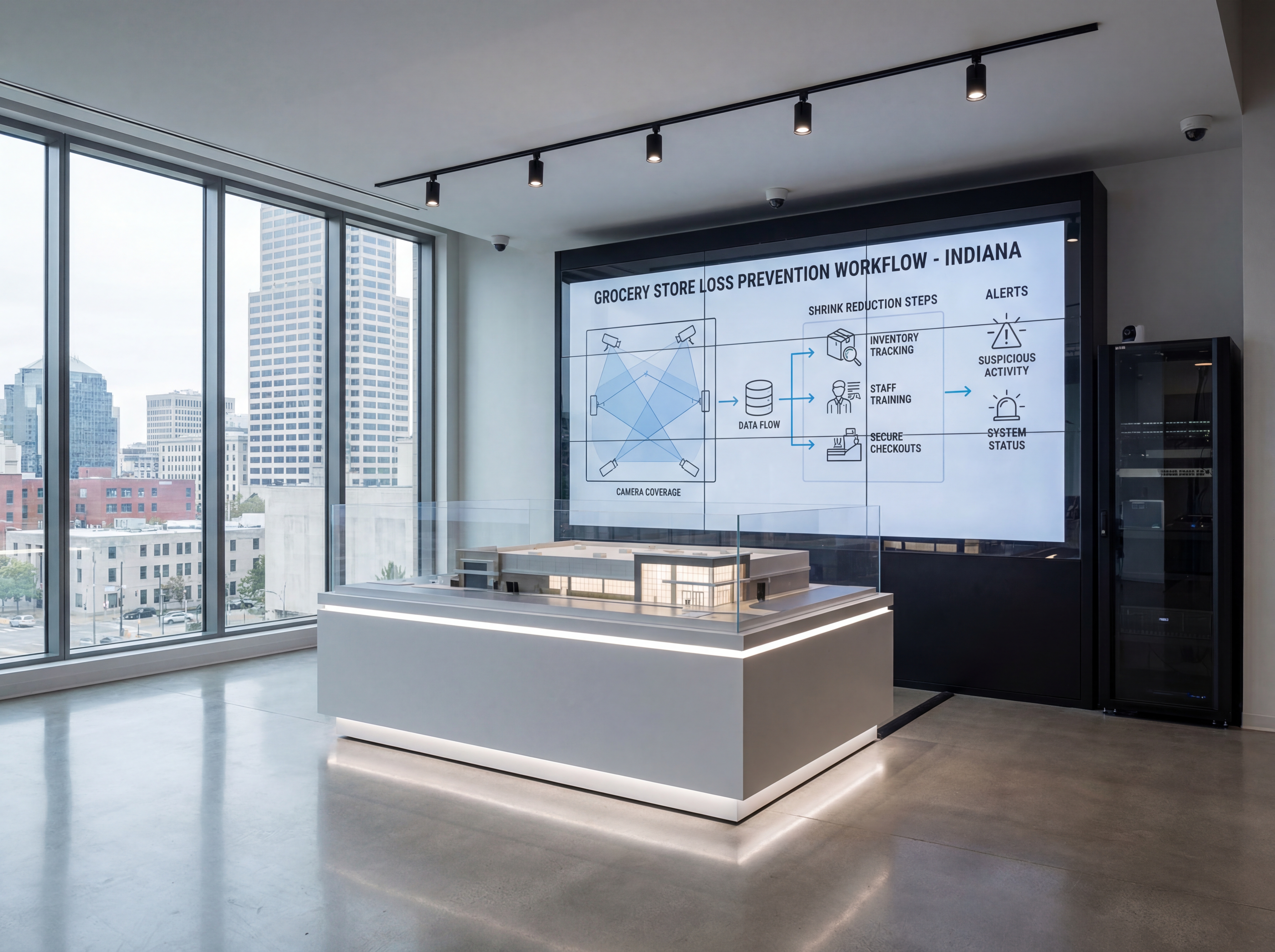 Grocery store security rollout diagram with cameras and network