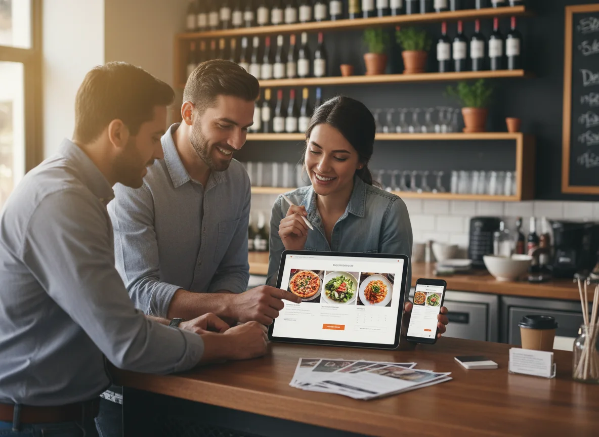 Mobile restaurant website showing menu, booking button, and local landing page sections