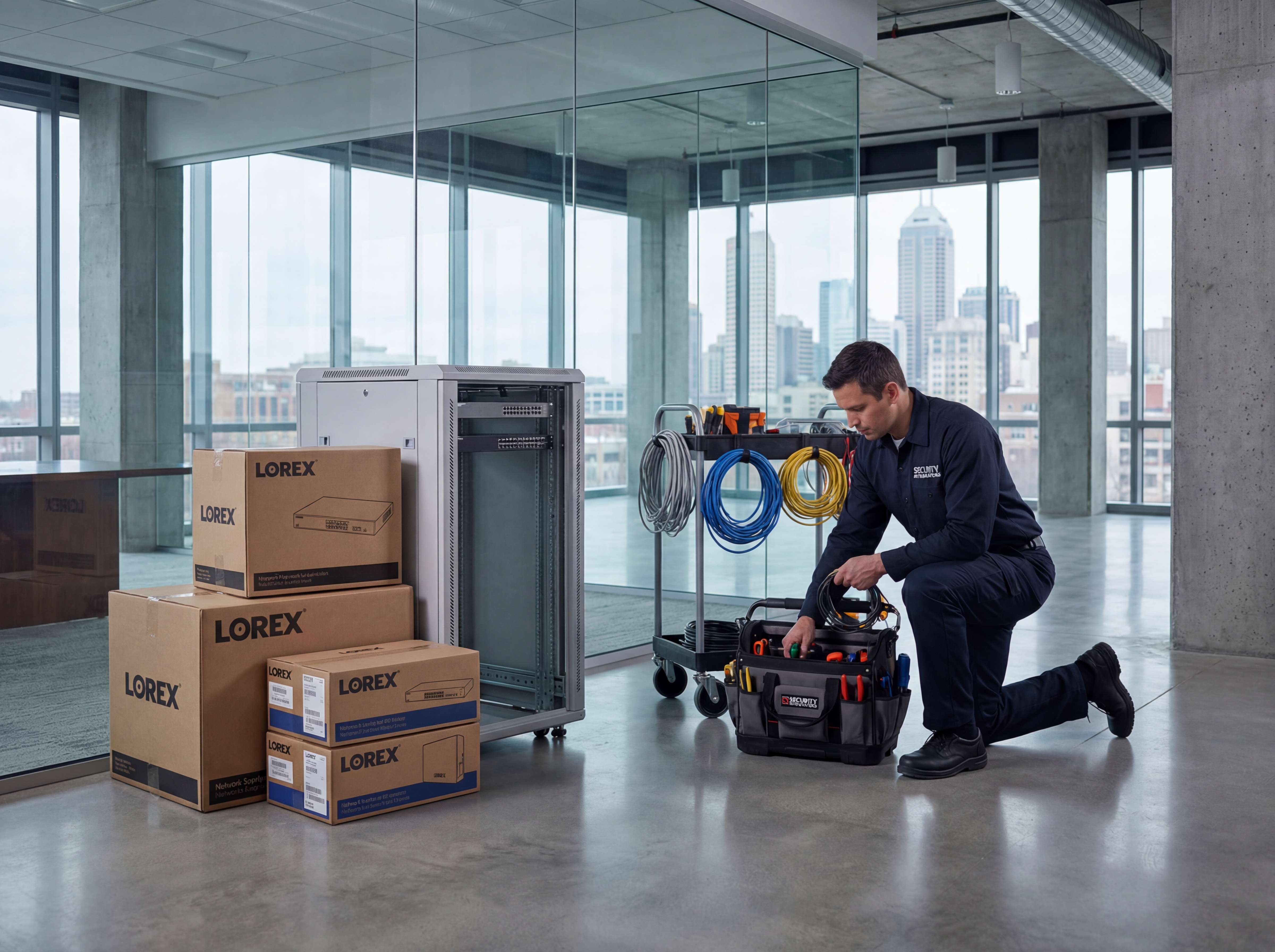 Lorex boxes staged for installation with tools