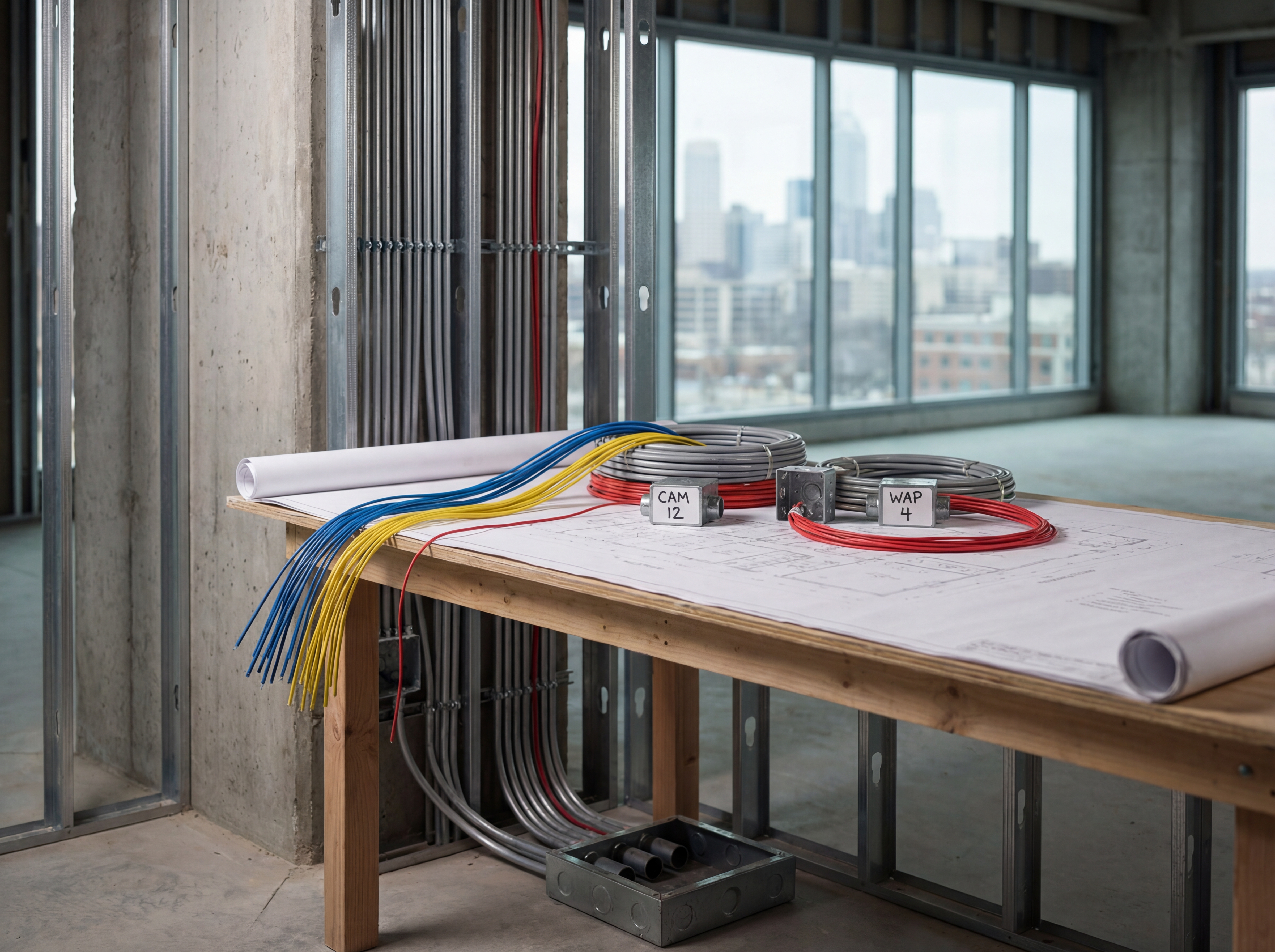 Construction site low-voltage plan with conduit and camera drops