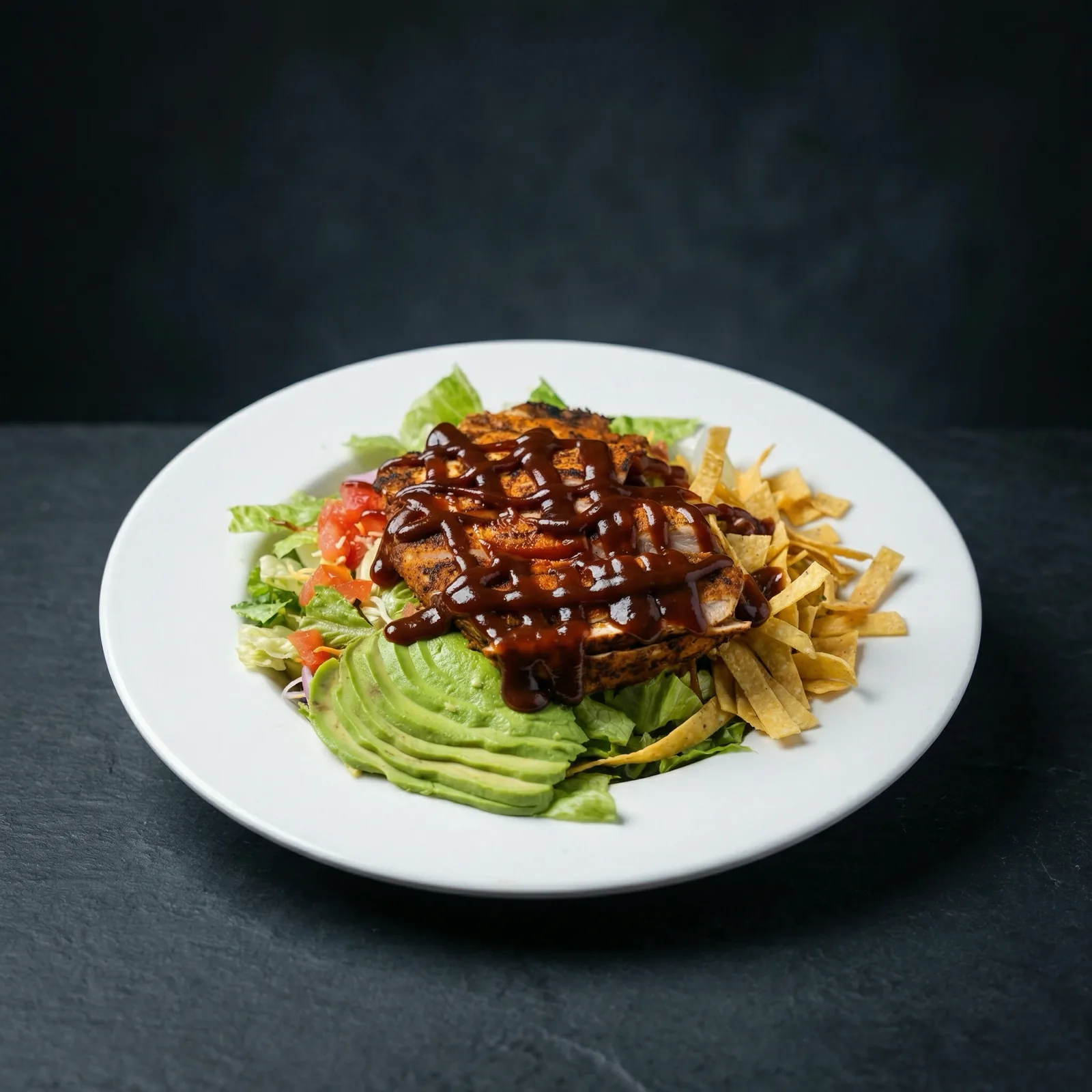 After: grilled chicken salad with clean dark background and brighter lighting