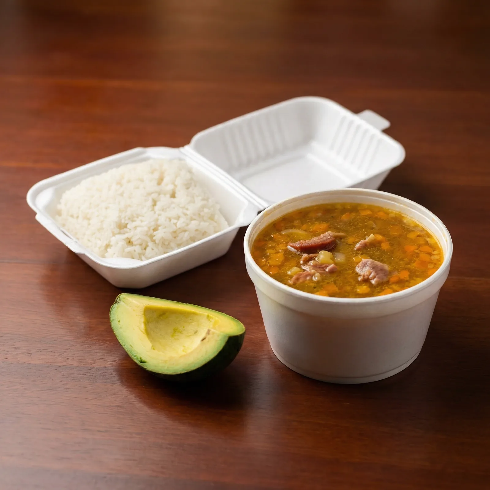 After: soup, rice, and avocado with cleaner composition and balanced lighting