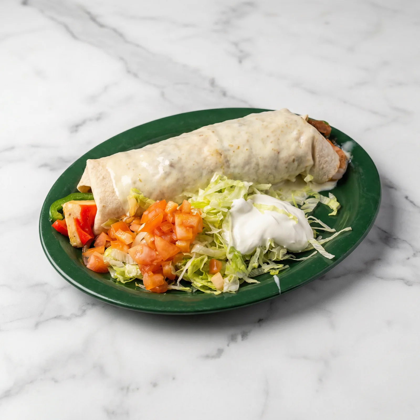 After: burrito on green plate with cleaner scene and appetizing color balance