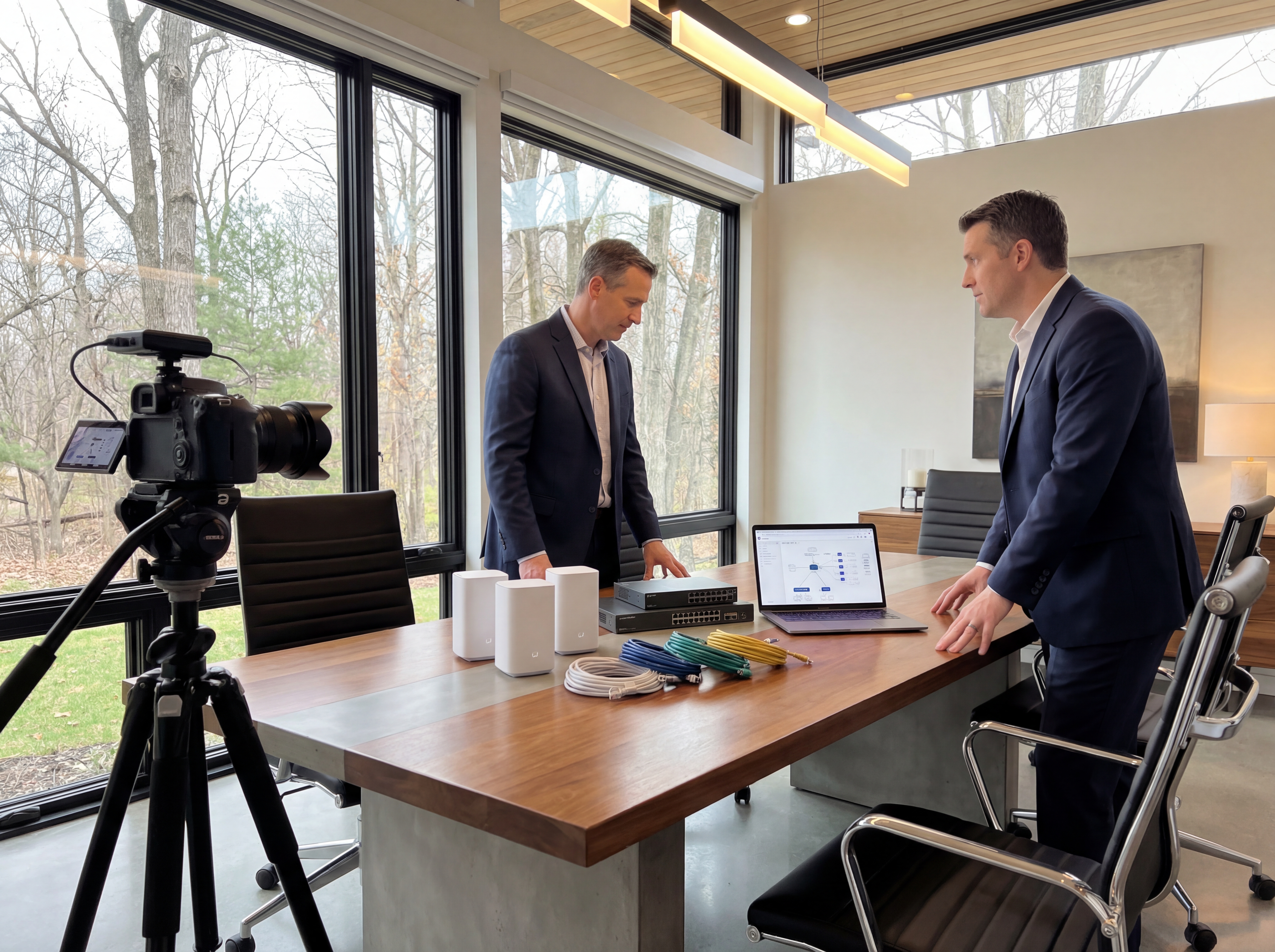Carmel family comparing mesh Wi-Fi nodes and wired gear