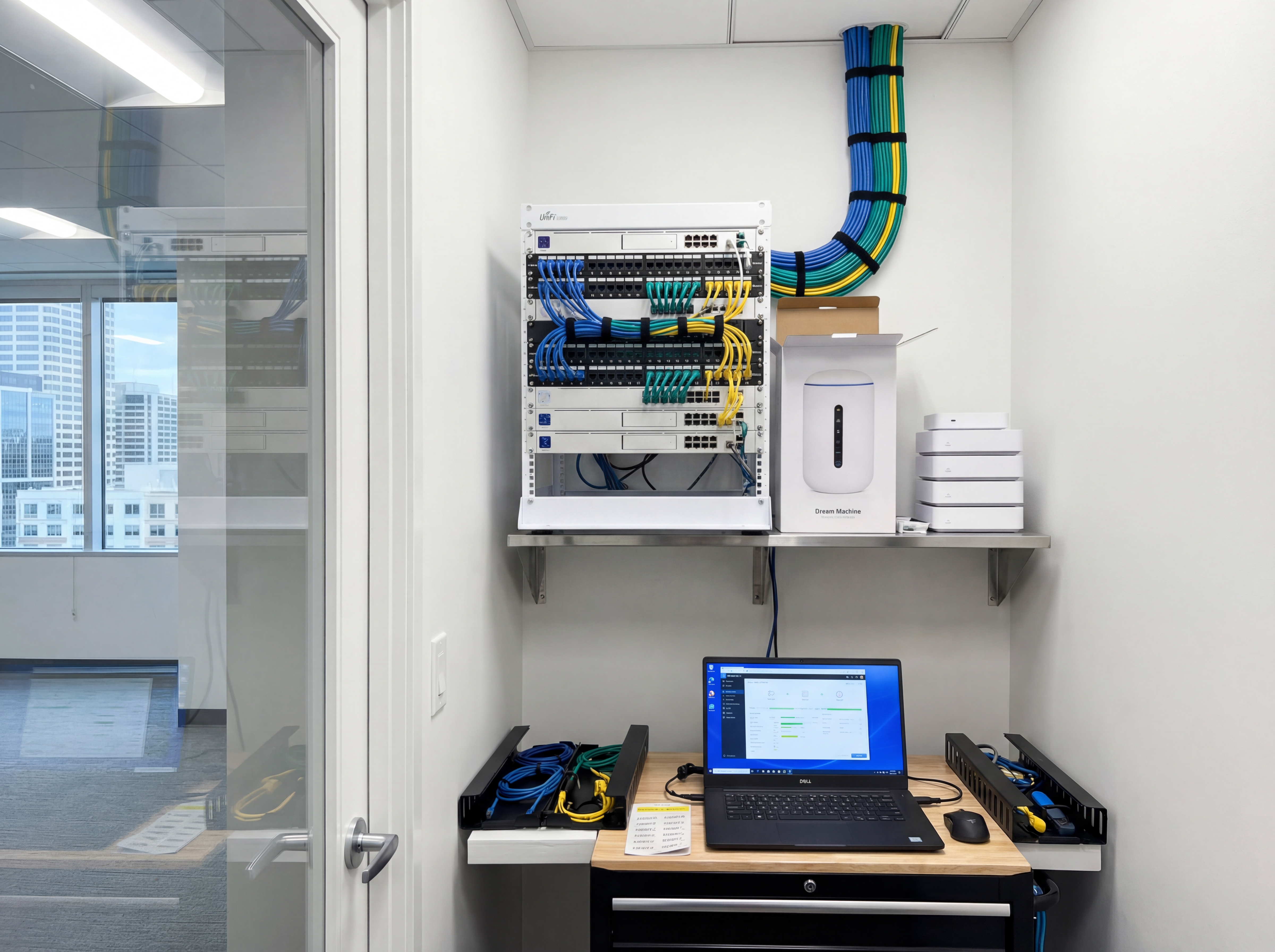 Small business network closet mid-upgrade with labeled cables