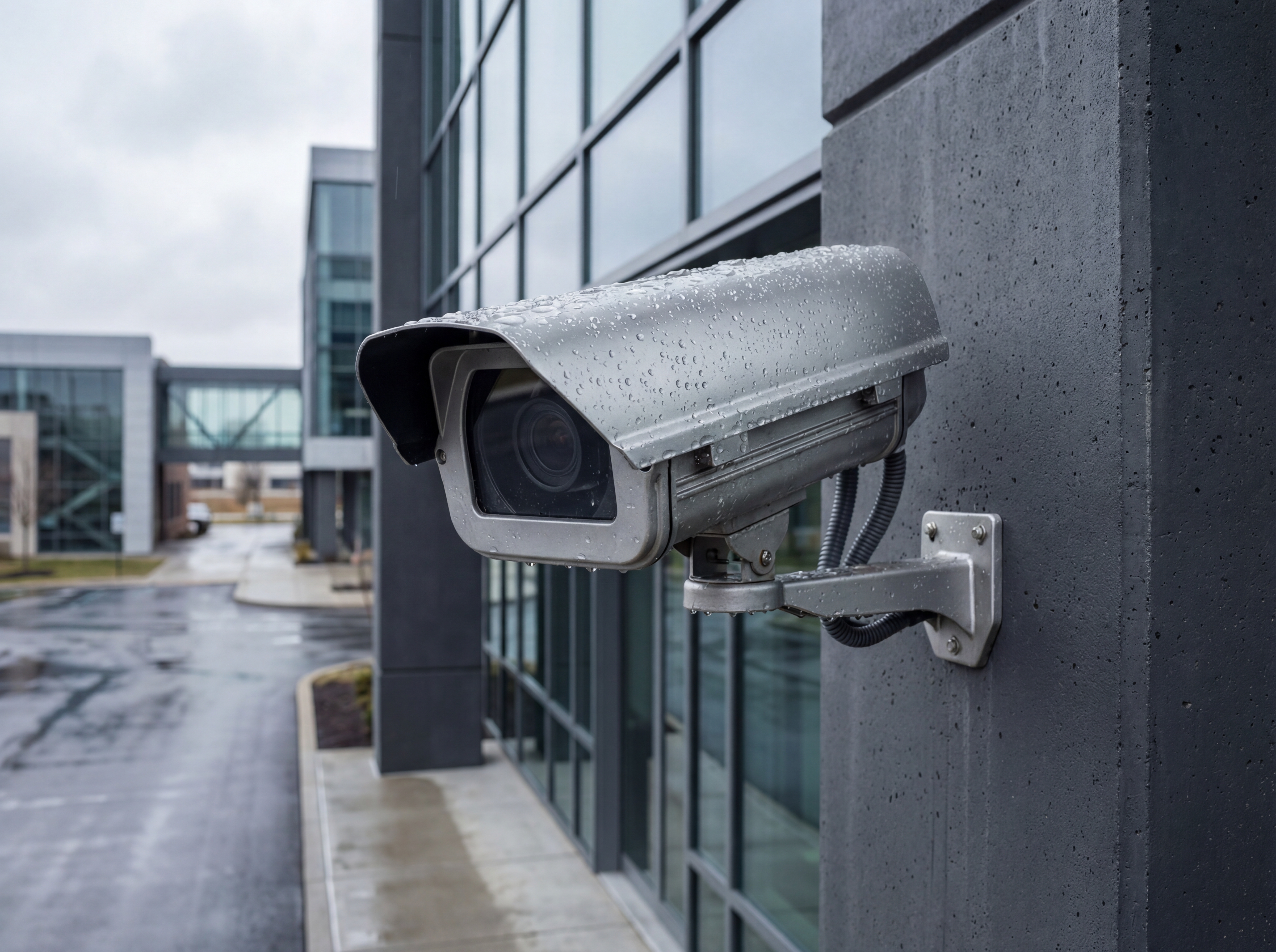 Weatherized outdoor camera with rain droplets