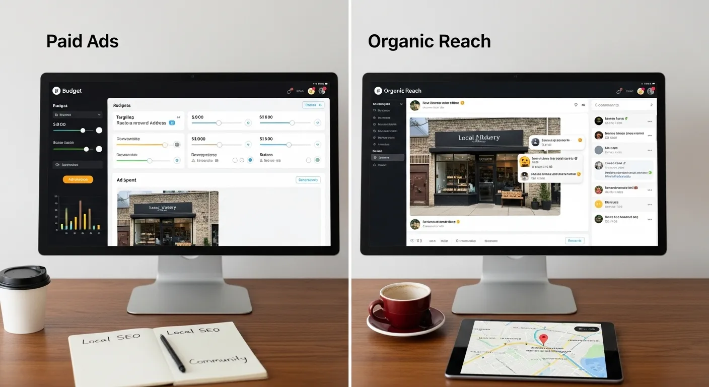 Split workspace comparing paid ads and organic reach dashboards for a local storefront campaign