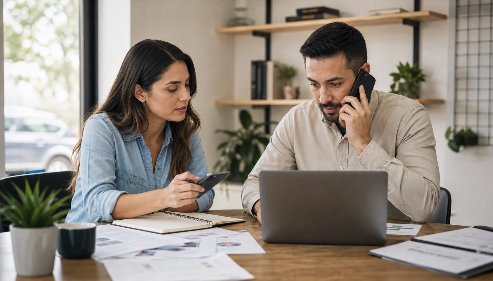 Propietario y asistente revisando juntos las solicitudes de citas, el seguimiento telefónico y los formularios del sitio web