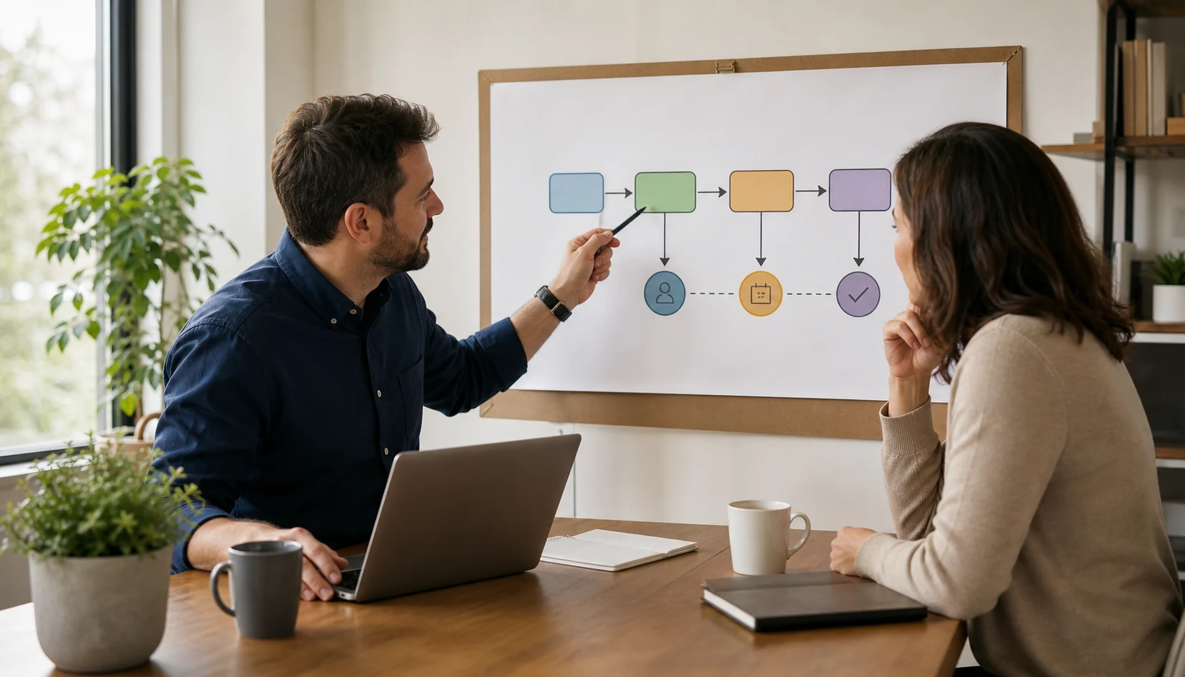 Consultor presentando un proceso de reserva simple al propietario de una empresa local en un brillante oficina
