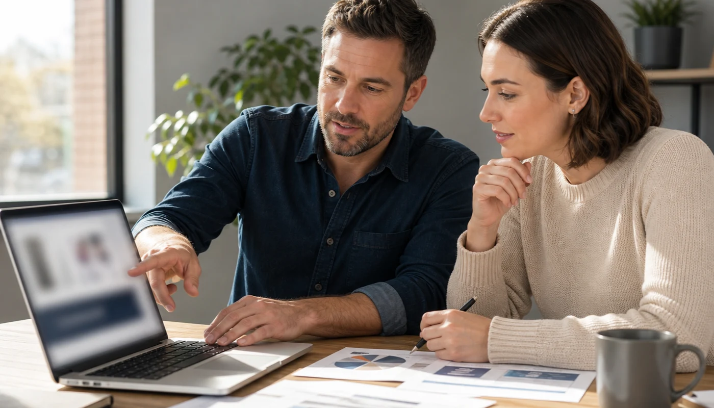 Dueno y consultor revisando bloques de confianza y notas sobre calidad de leads junto a una laptop