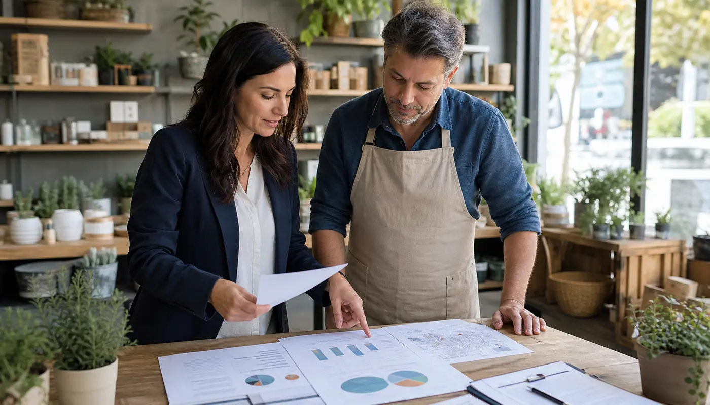 Consultant and local business owner reviewing a printed local listing audit checklist inside a storefront workspace