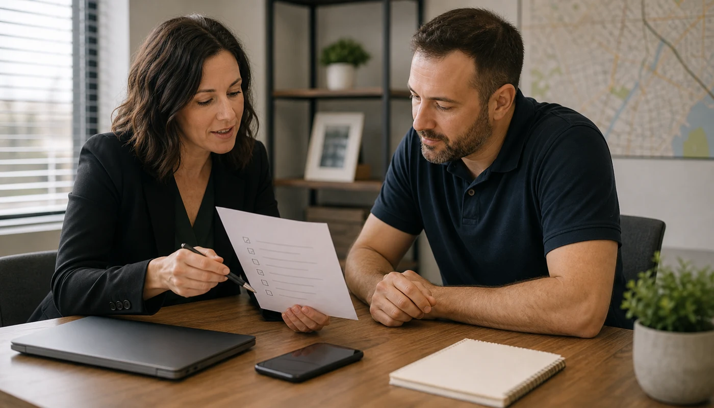 Consultant reviewing a booking page checklist with a local business owner during conversion planning