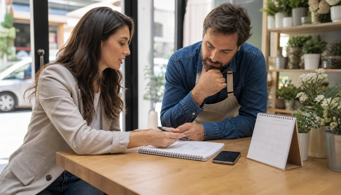 Consultant and local business owner mapping a simpler appointment path with notebook, phone, and desk calendar