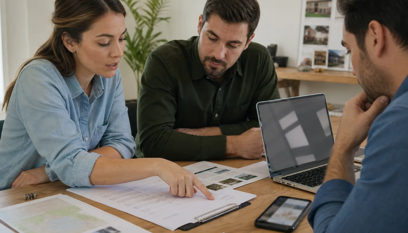 Small business team reviewing a local listing category audit with printed service notes and a laptop