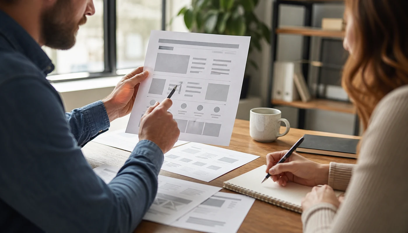 Consultant pointing at a service page wireframe while a business owner takes notes