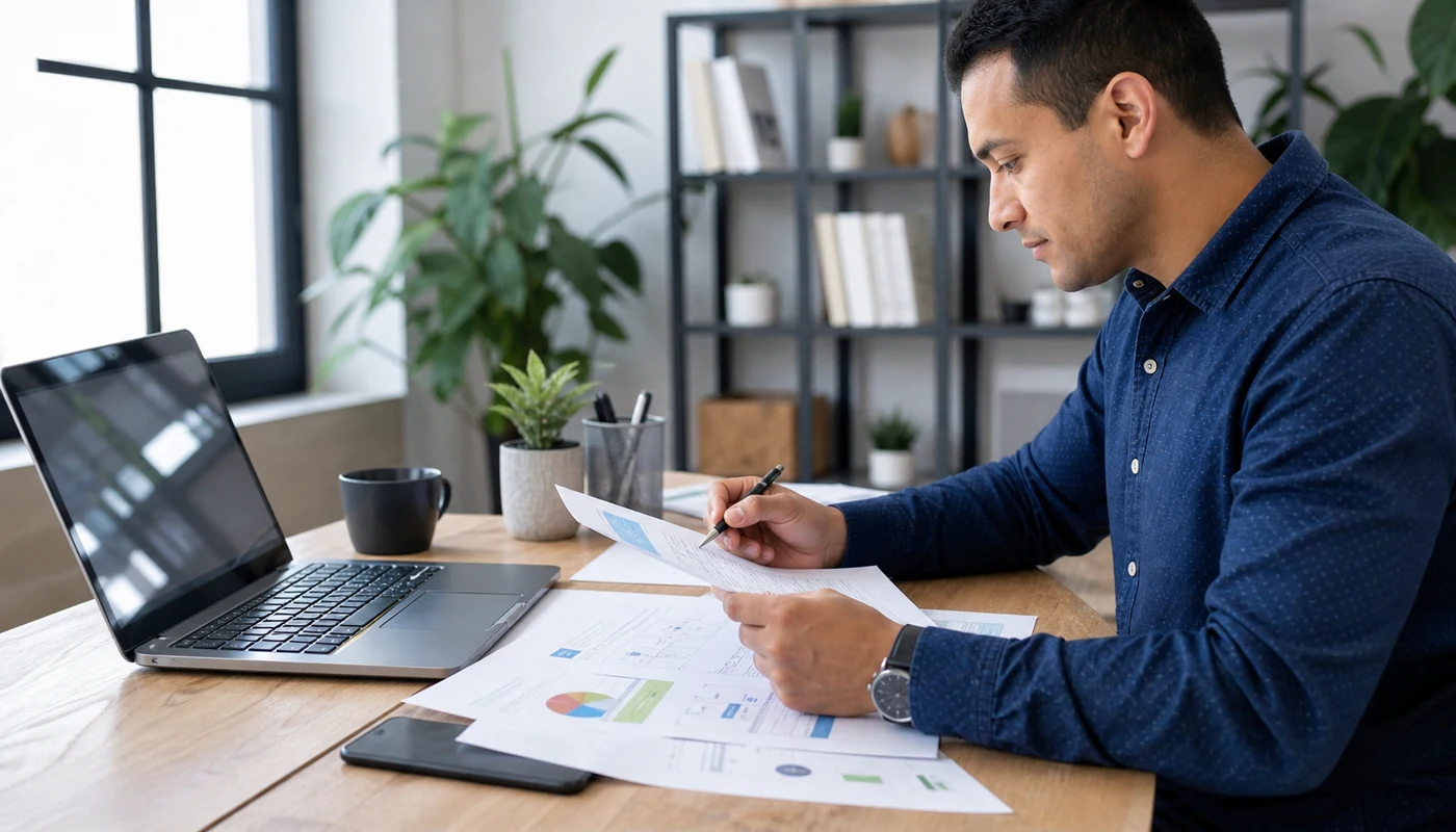Owner reviewing call notes, website inquiry summaries, and local marketing performance at a desk