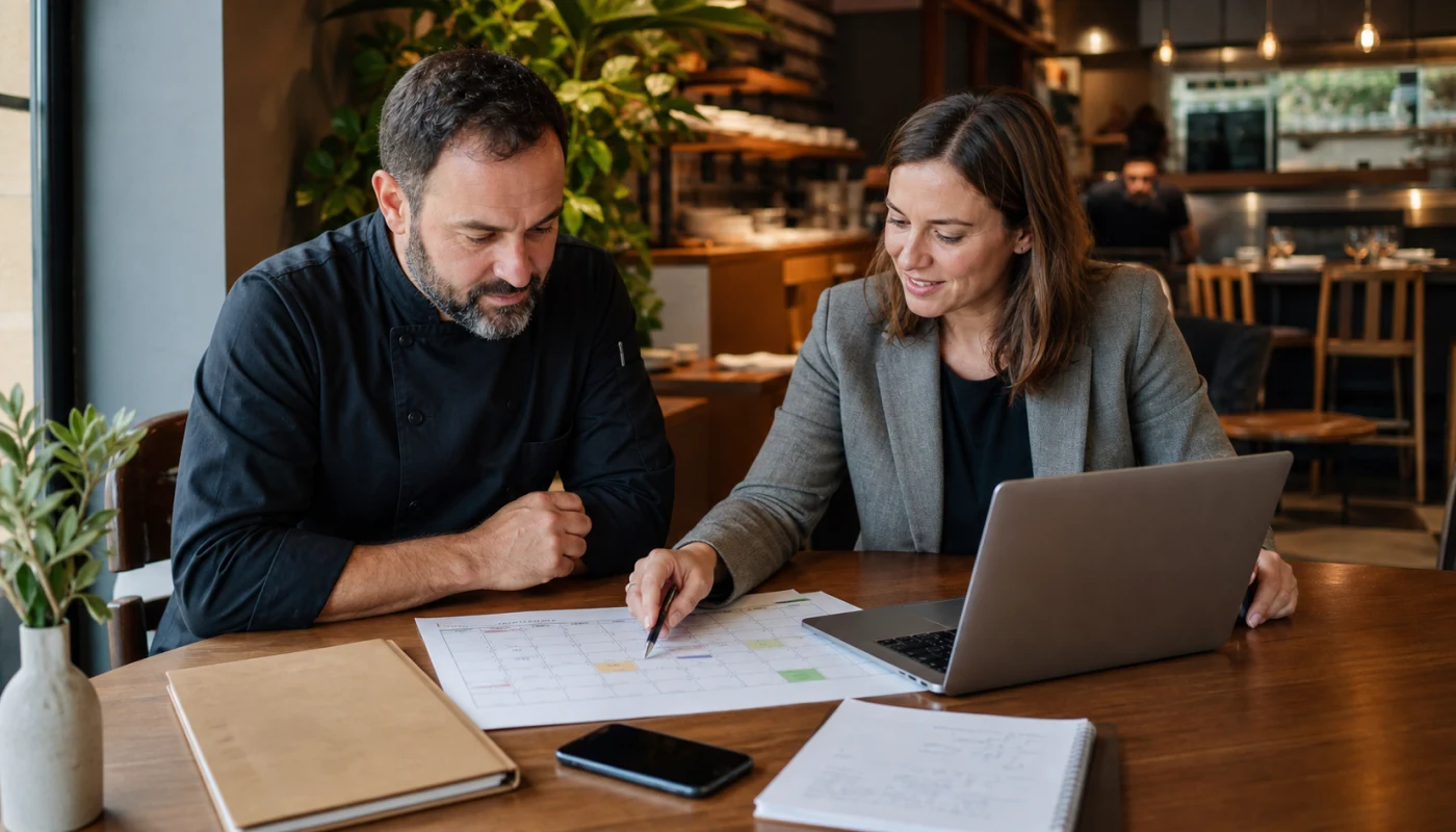 Restaurant owner and consultant reviewing a monthly Google Business Profile plan in a dining room