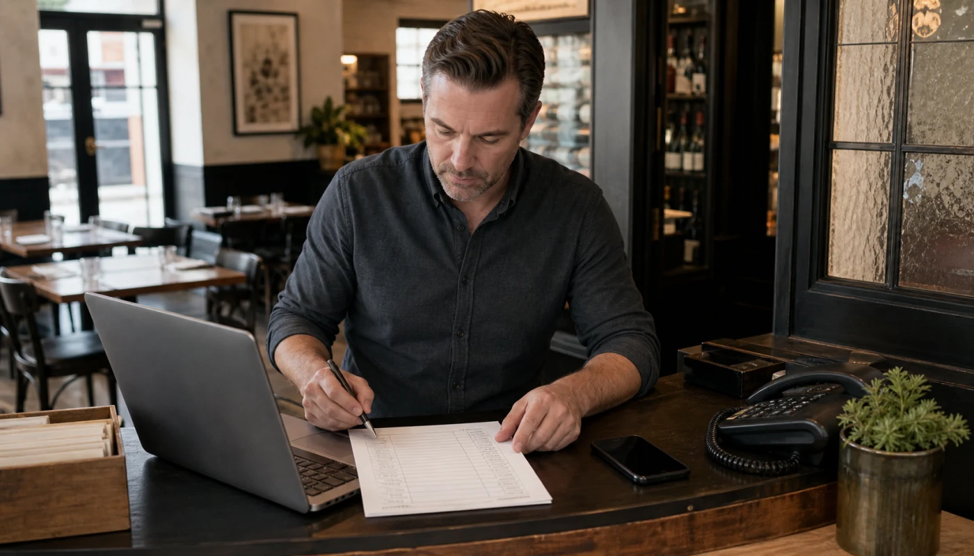 Restaurant manager reviewing a weekly local visibility checklist at the front counter with a laptop and phone nearby