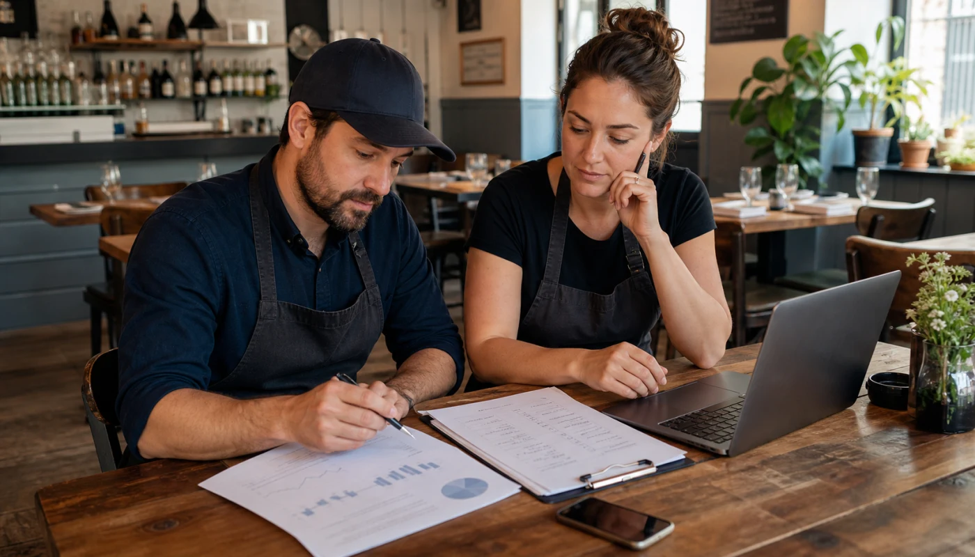 Two restaurant operators reviewing monthly performance notes and local action steps beside a laptop before opening
