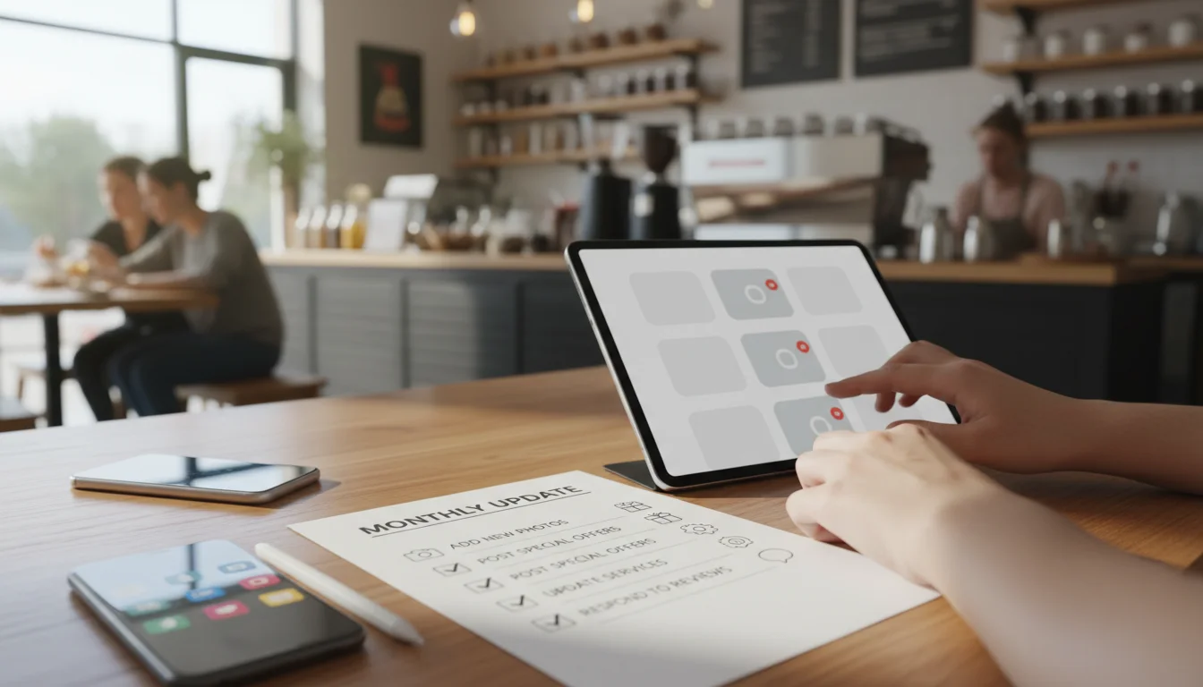 Propietario de pequeño negocio clasificando escaparate, equipo y fotos de servicio para un Google Business Profile refres