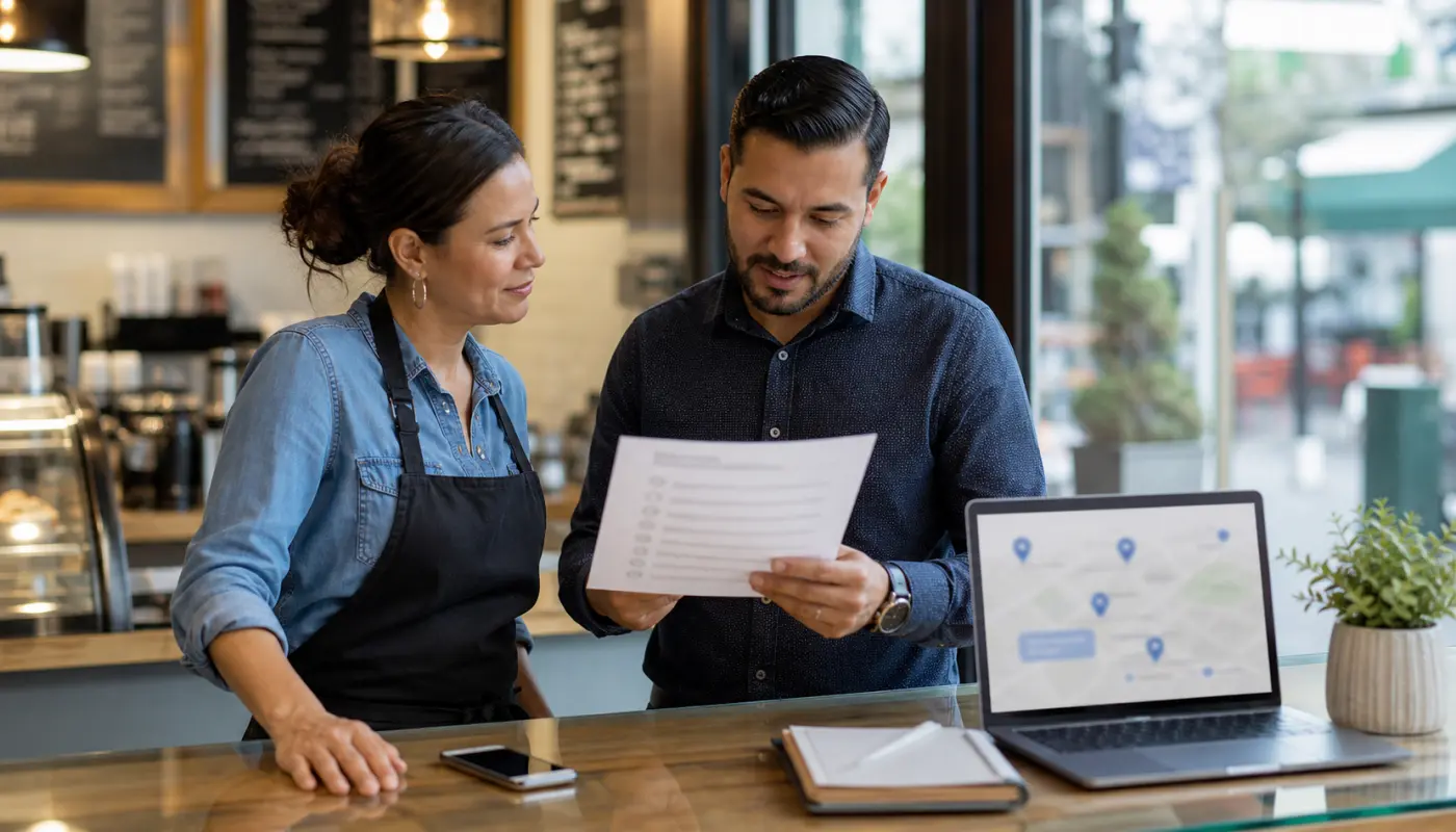 Propietario y consultor de marketing revisando las preguntas de los clientes y las notas locales en el mostrador