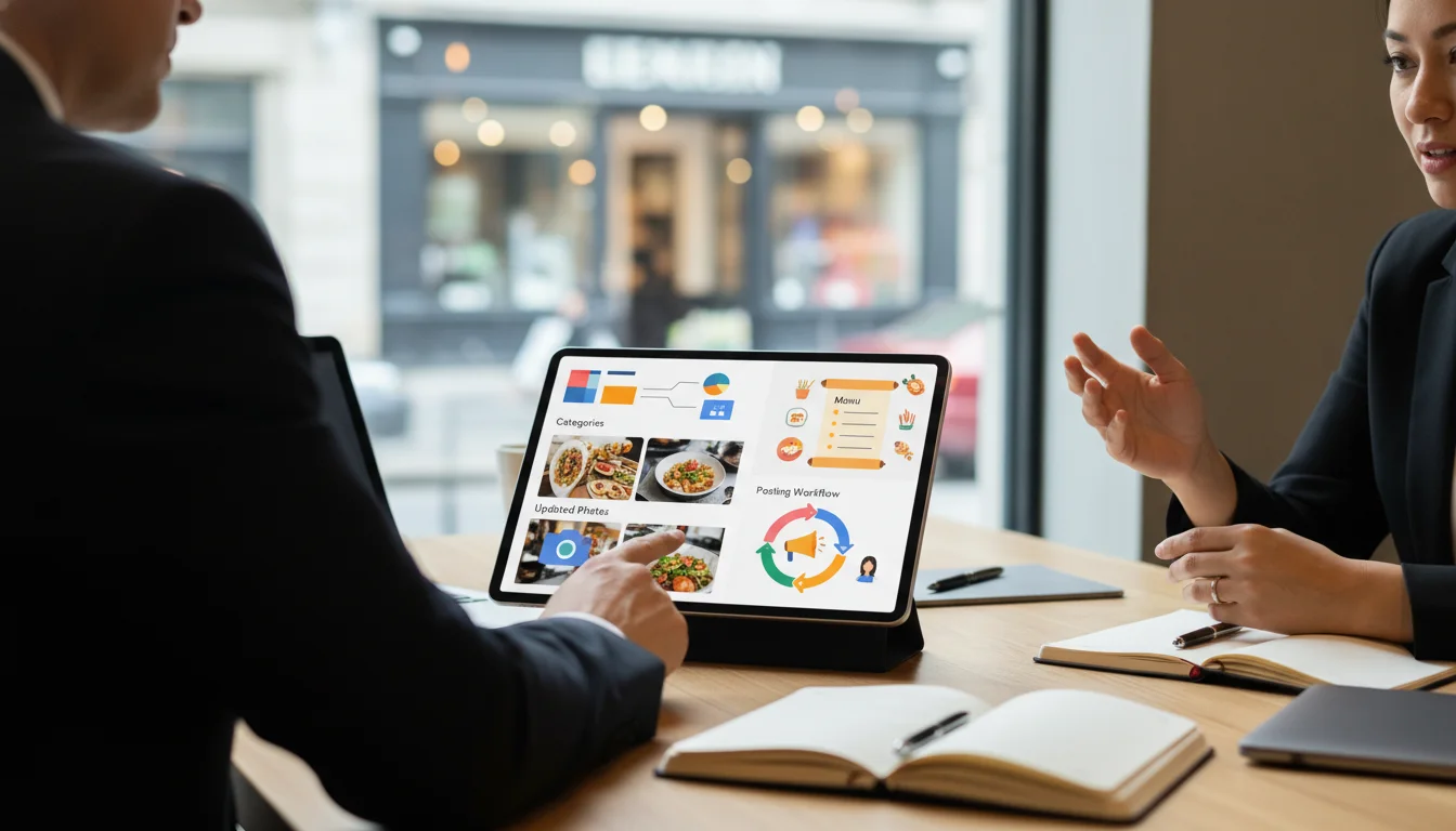 Restaurant team reviewing offer photo, hours, and ordering link before publishing a Google post
