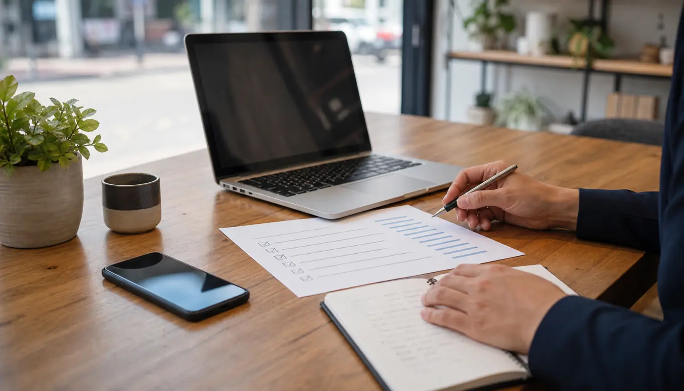 Printed service checklist, phone, notebook, and laptop used during a Google Business Profile service audit for a small business