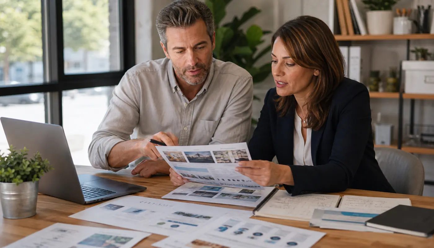 Owner and consultant aligning local service offers, website pages, and Google Business Profile details during a planning session