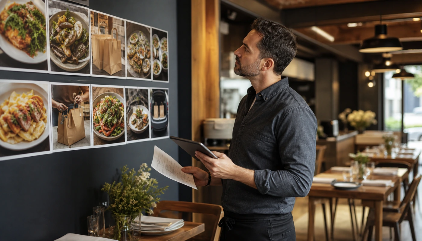 Gerente de restaurante revisando opciones de menu, pedidos y enlace web antes de actualizar su ficha local