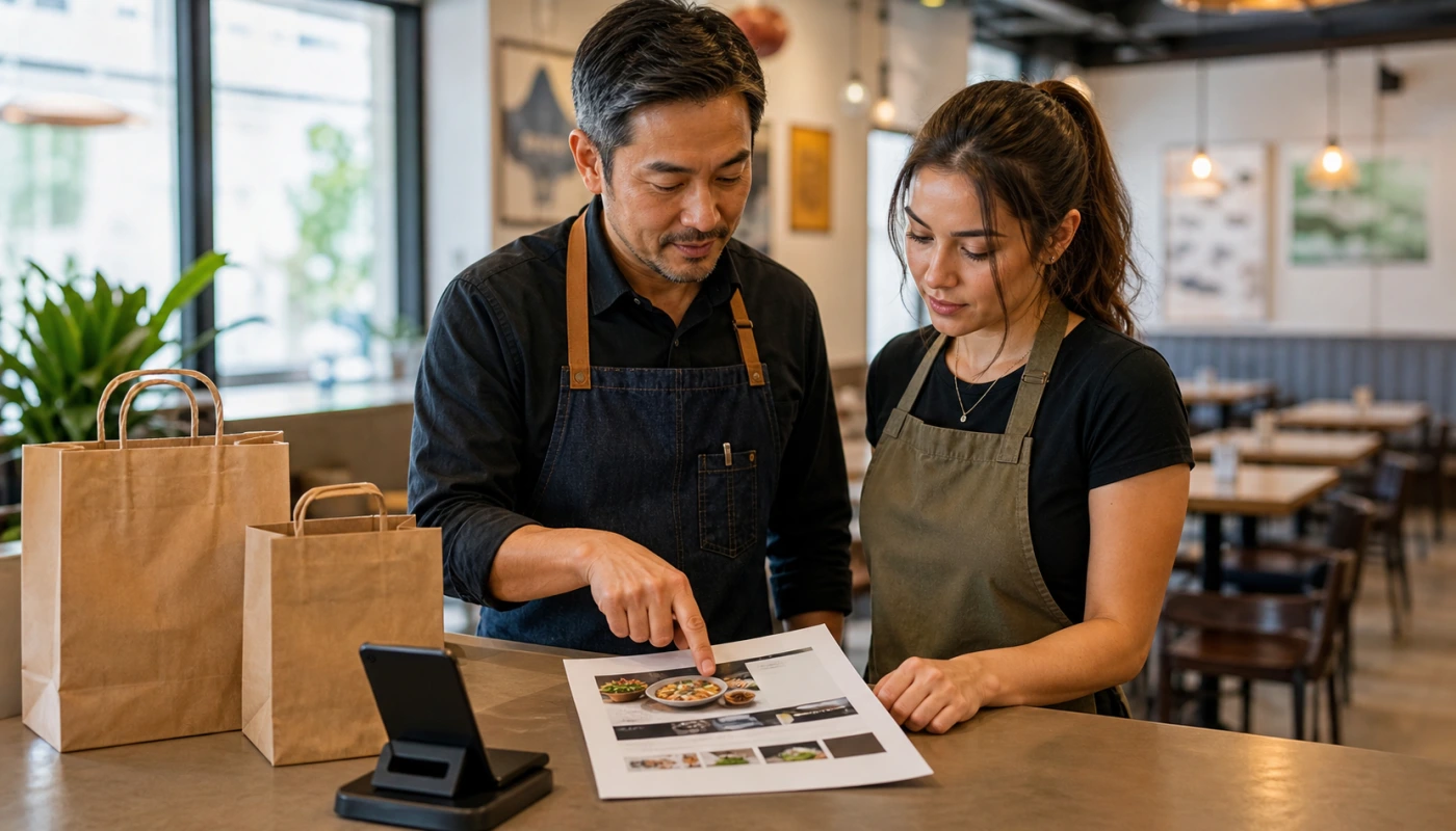 Dueno de restaurante y personal revisando actualizaciones del sitio para llamadas, pedidos y trafico de perfil local