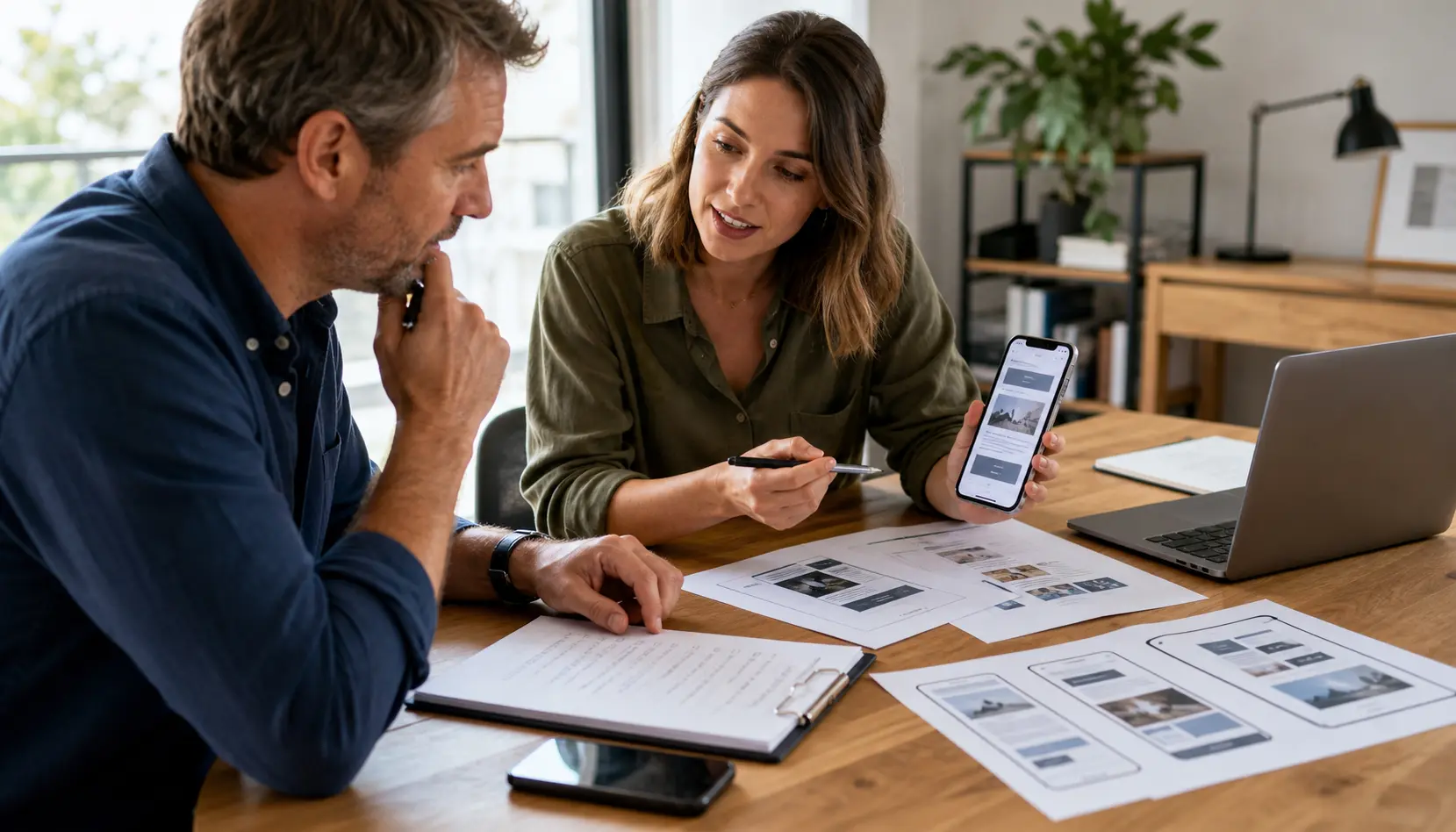 Dueno y consultor revisando layouts moviles, notas de leads y el siguiente paso correcto