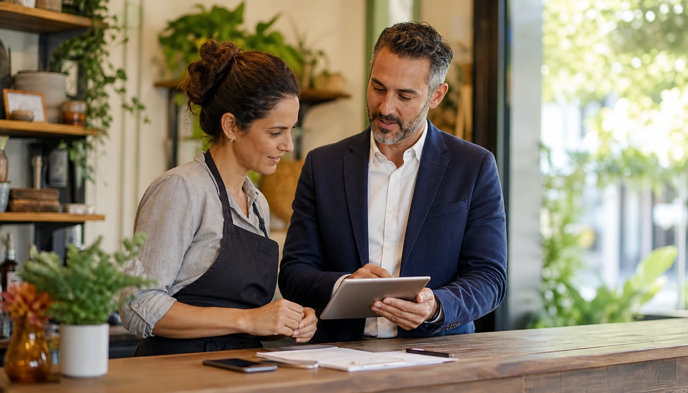 Business owner and consultant reviewing homepage trust elements on a tablet at a front counter