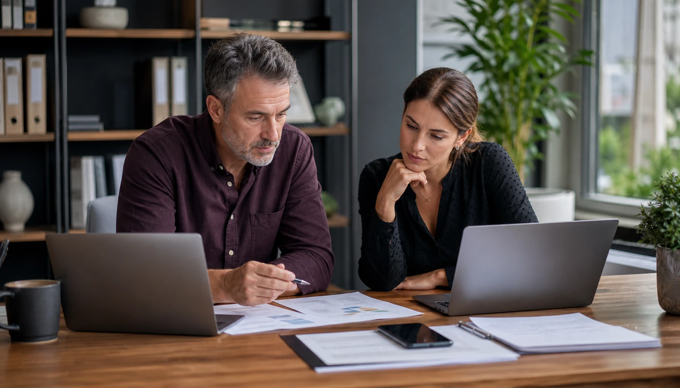 Owner and assistant reviewing homepage lead results and page changes in an office