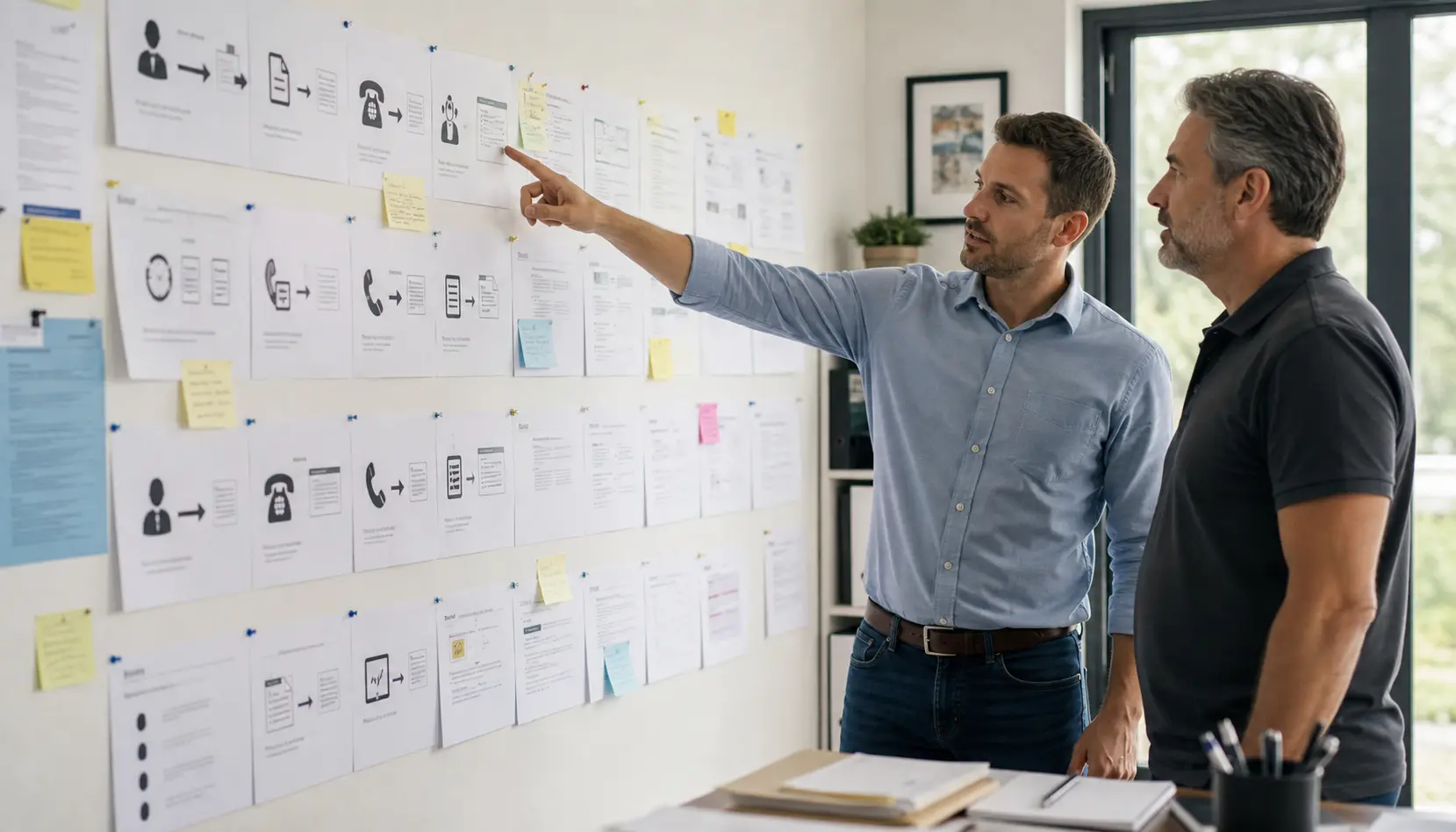 Consultant pointing to an intake workflow wall with staged call, form, and follow-up steps