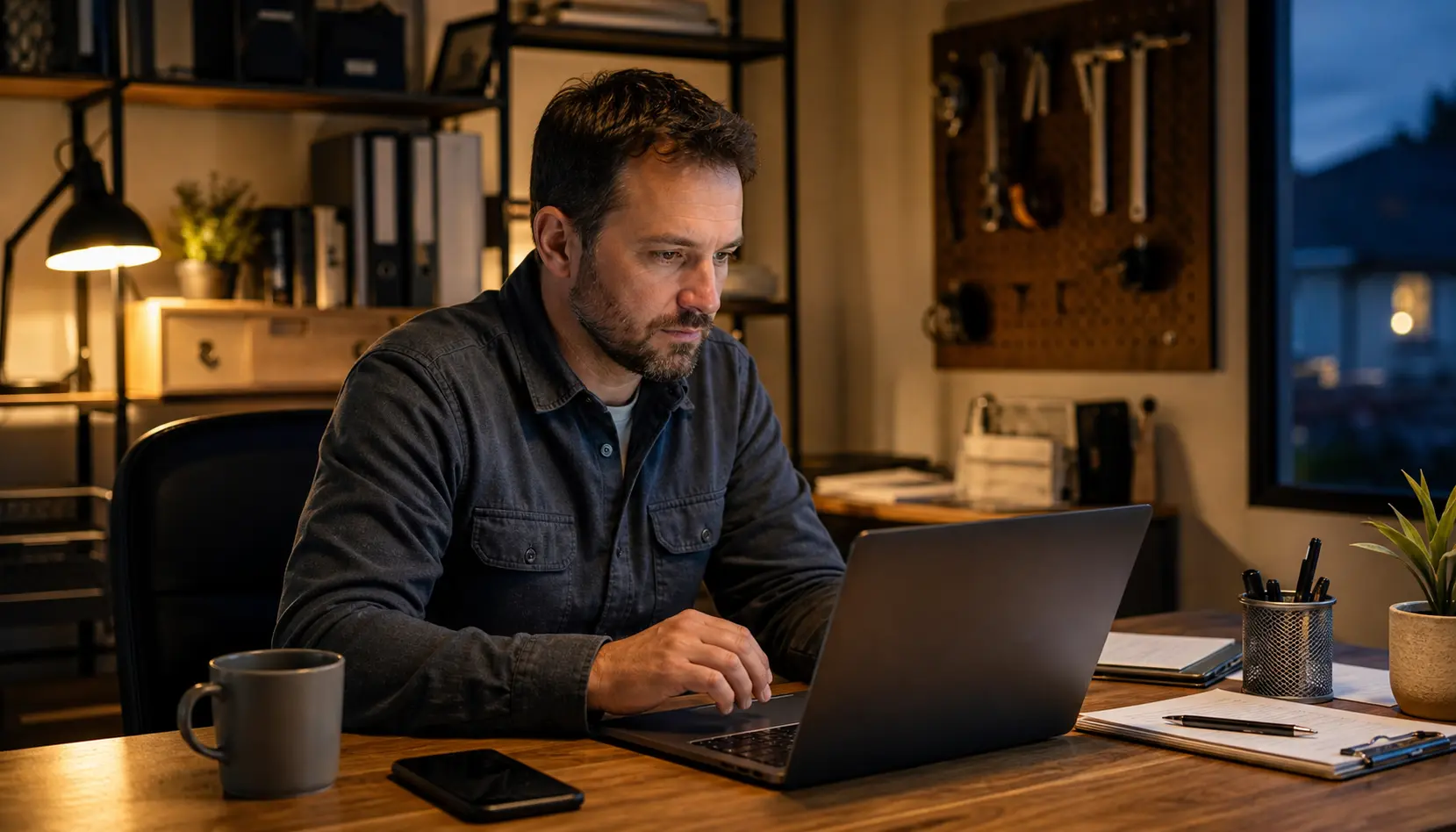 Small business owner reviewing after-hours lead follow-up notes beside a laptop in a quiet office