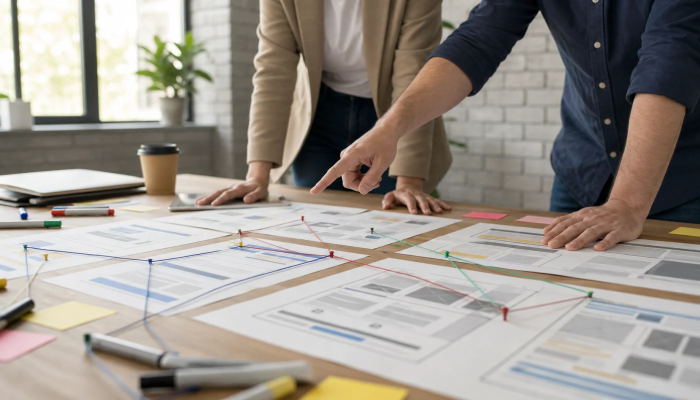 Printed service page outlines connected with marker lines across a planning table