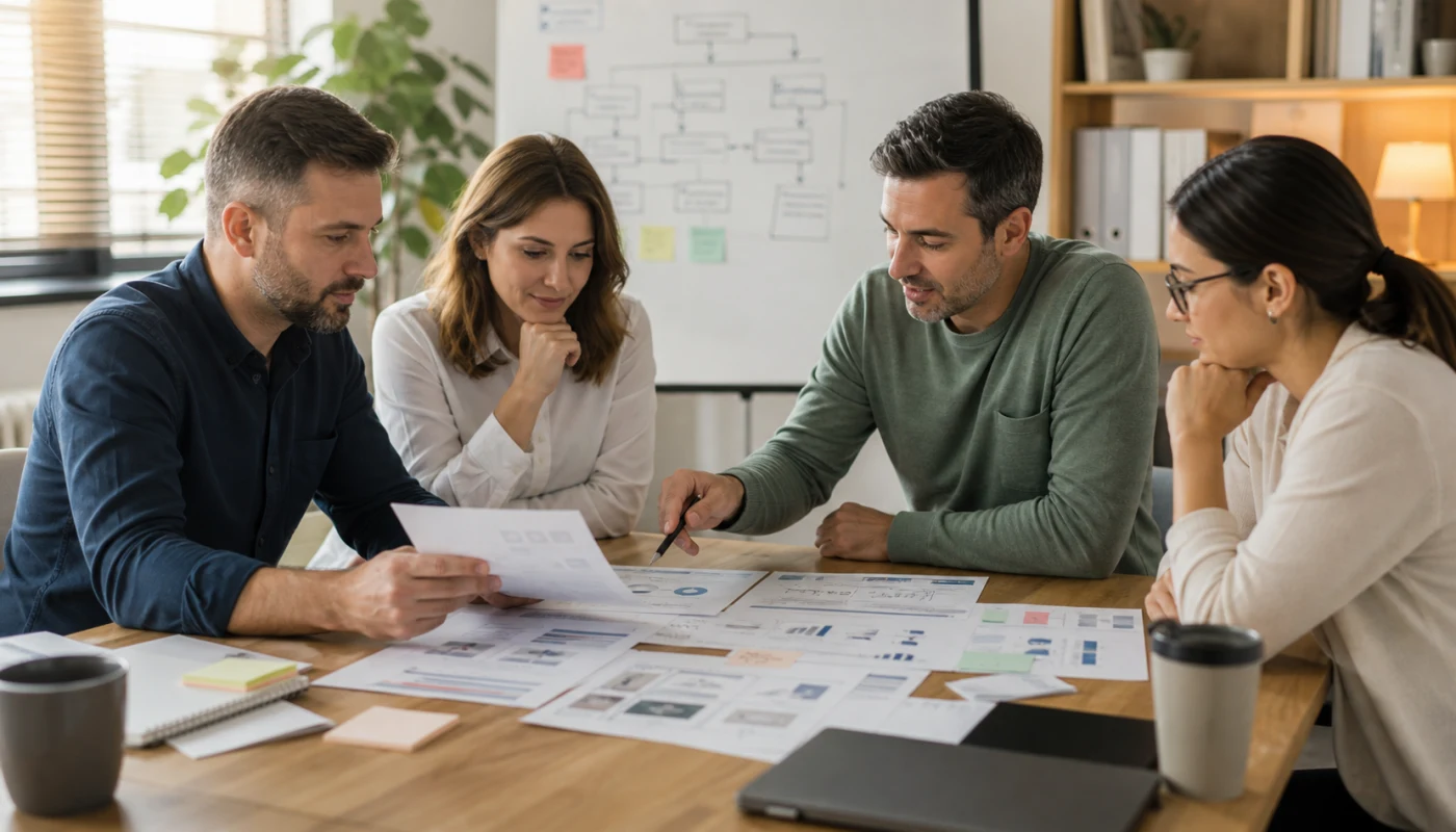Small business team reviewing a calm content map and service page plan together
