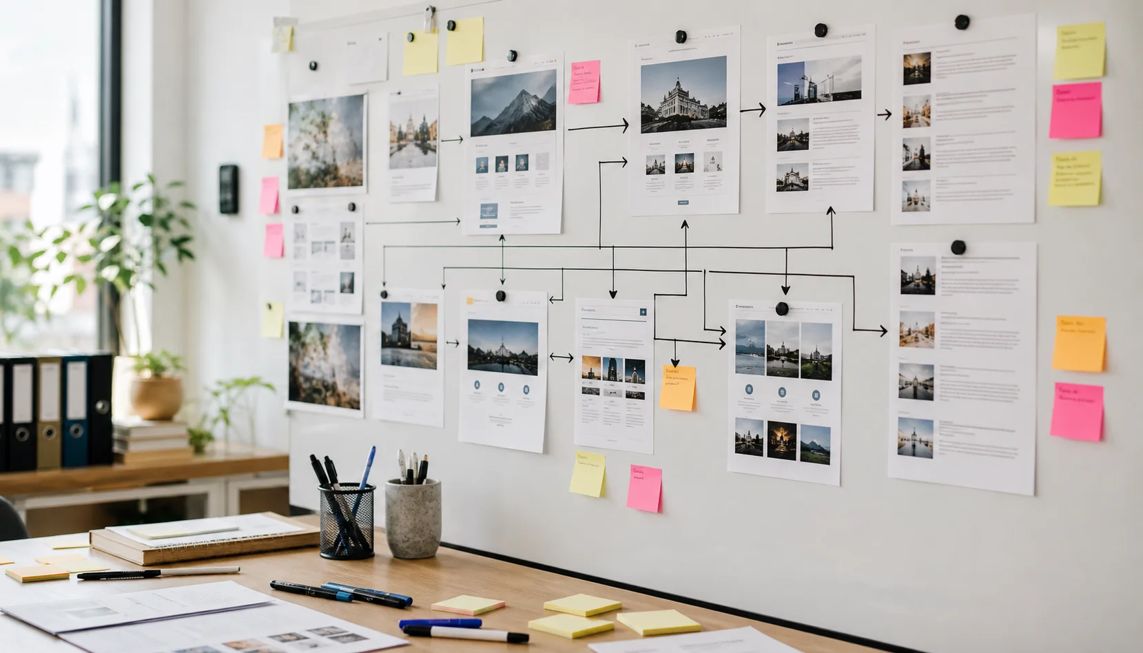 Planning board showing connections between service pages, blog posts, and local support pages