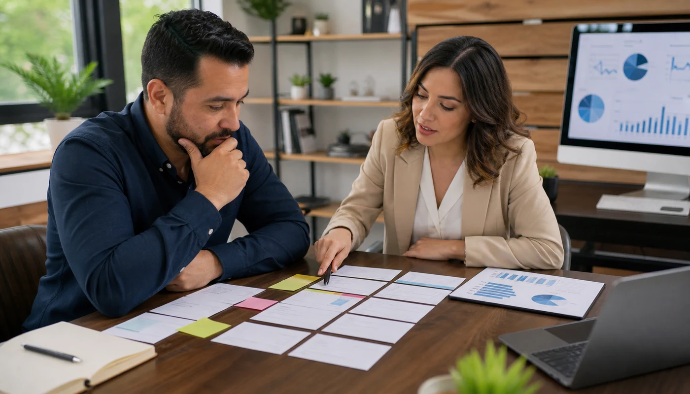 Owner and consultant reviewing lead routing priorities, handoff workflow, and weekly KPI report